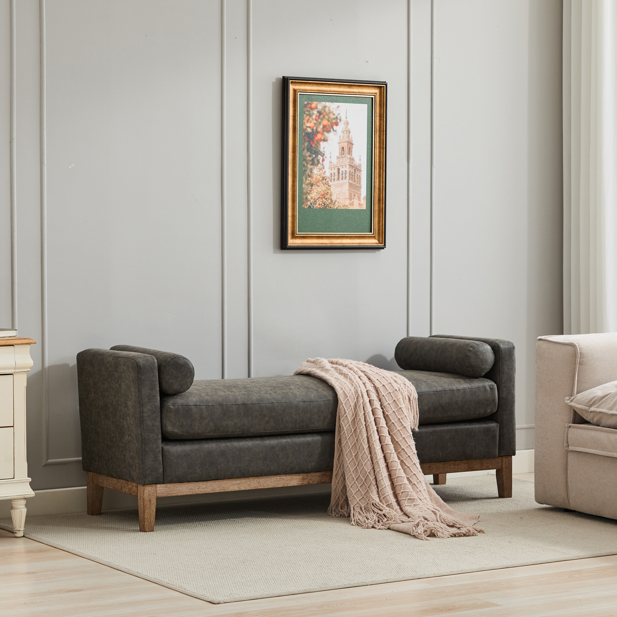 66.34″W Upholstered End of Bed Bench with Weathered Finish Wood Frame, Daybed, Footrest Stool Ottoman with Arms & Wood Legs & 2 Bolsters for Bedroom, Window, Living Room, Entryway, Hallway, Gray PU