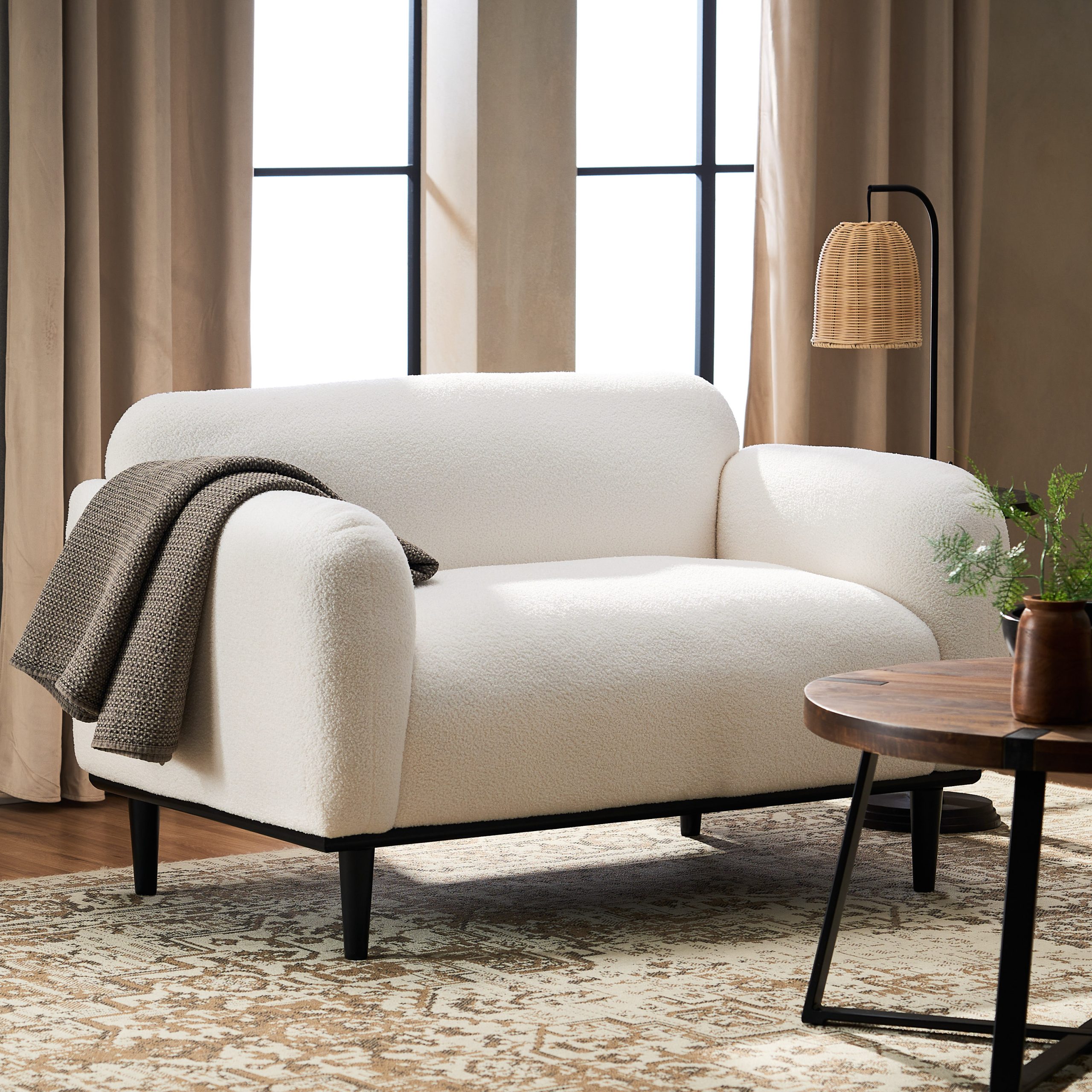 Bouclé Fabric Loveseat Sofa – 50 Inch White Upholstered 2-Seater with Black Legs, Comfortable & Stylish for Living Room, Office, or Reading Nook,White