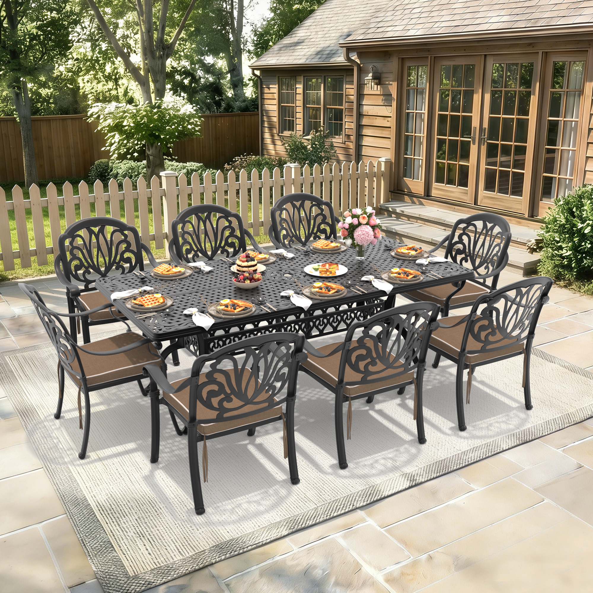 9-Piece Set Of Cast Aluminum Patio Furniture With Black Frame and Brown Seat Cushions(same sku:W1710S00170)