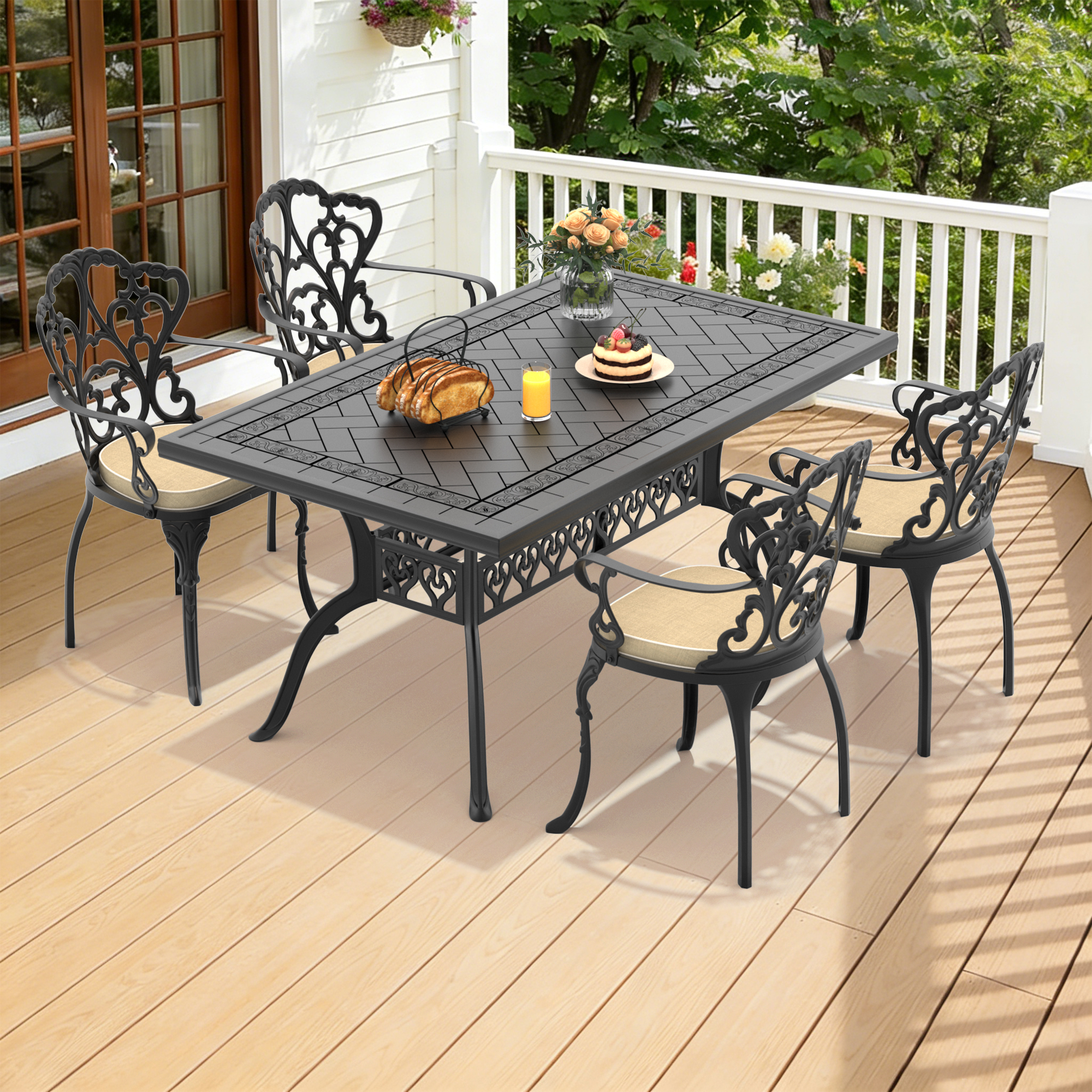 5-Piece Set Of Cast Aluminum Patio Furniture With Black Frame and Off-white Seat Cushions(same sku: W1710S00083)