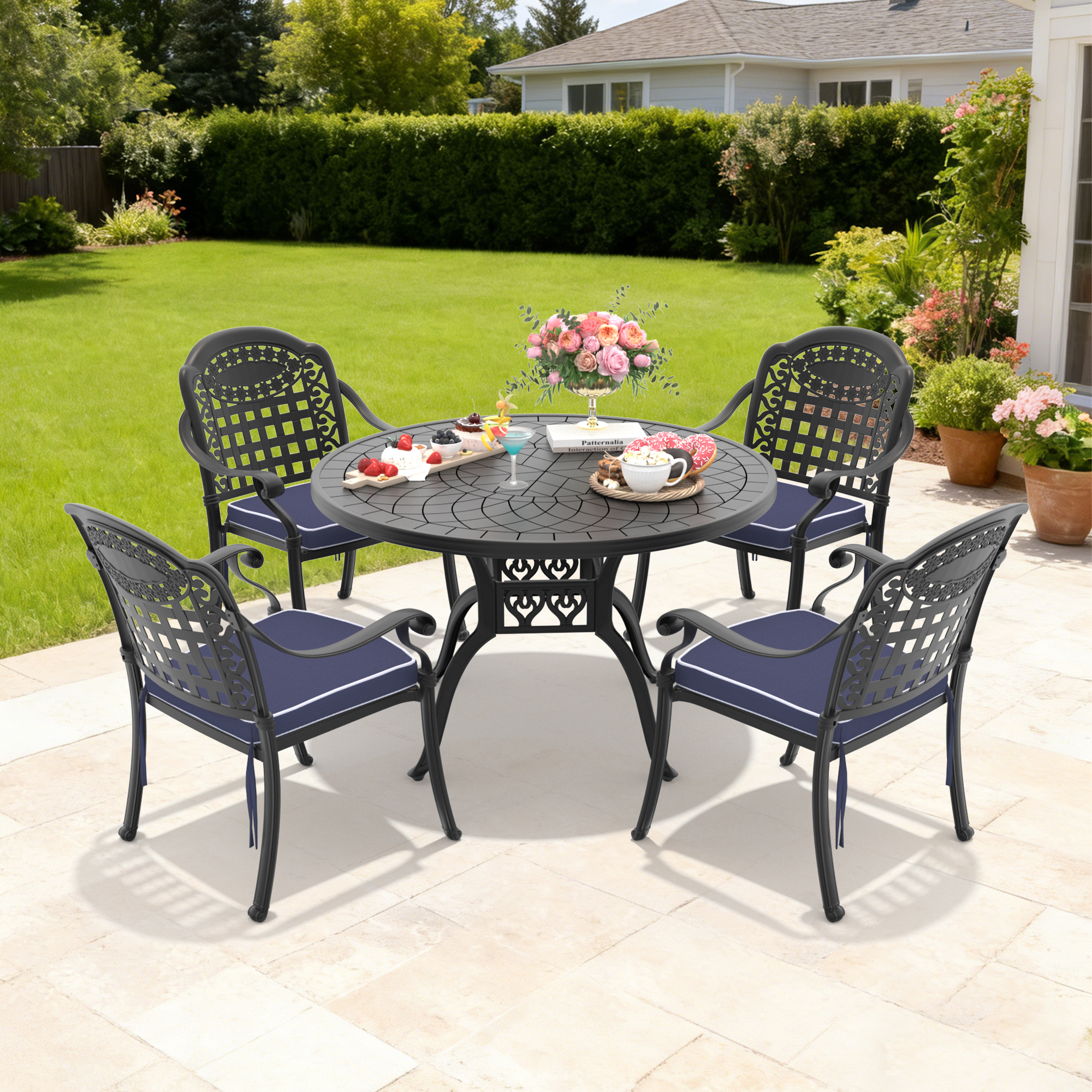 5-Piece Set Of Cast Aluminum Patio Furniture With Black Frame and Blue Seat Cushions(same sku:W1710S00075)