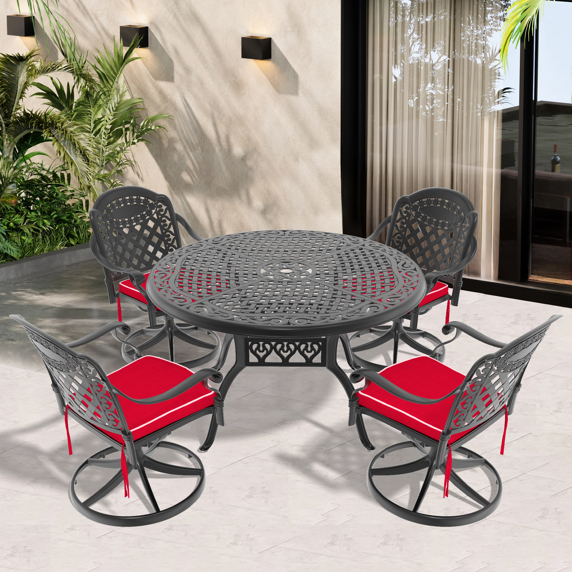 5-Piece All-Weather Cast Aluminum Dining Set, Include 4 Swivel Chairs and 48.03″ Round Table With Black Frame (same sku: W1710S00313 )
