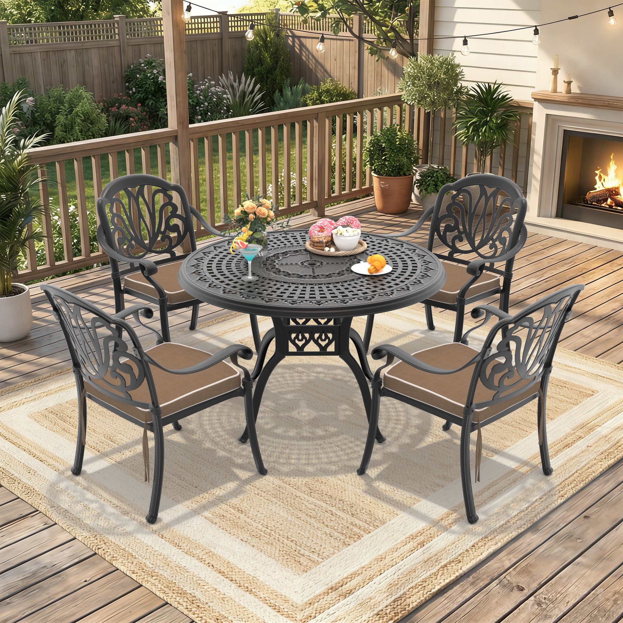 5-Piece Set Of Cast Aluminum Patio Furniture With Brown Cushions(same sku:W1710S00091)