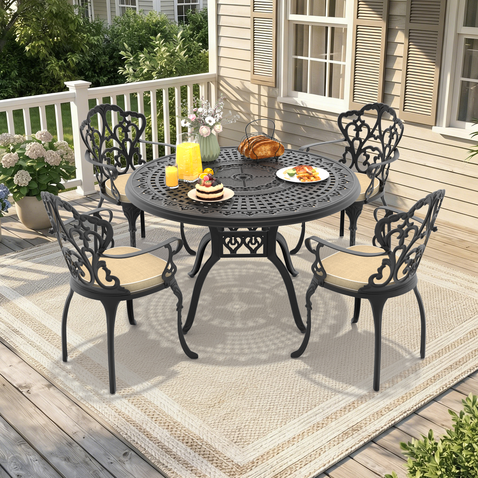 5-Piece Set Of Cast Aluminum Patio Furniture With Black Frame and Off-white Seat Cushions(same sku: W1710S00095)
