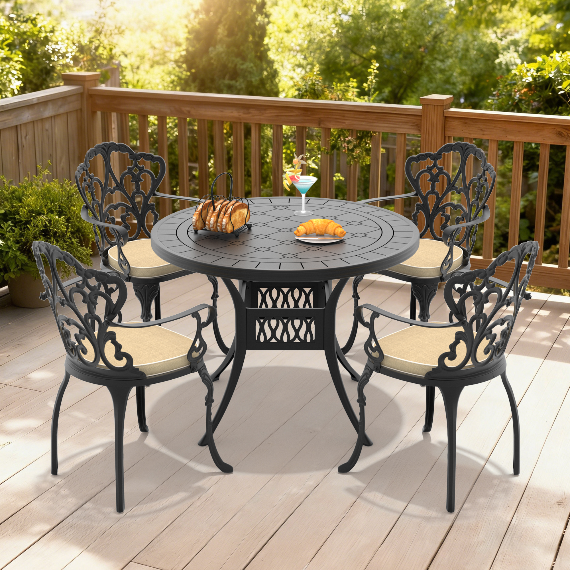 5-Piece Set Of Cast Aluminum Patio Furniture With Black Frame and Off-white Seat Cushions(same sku: W1710S00072)