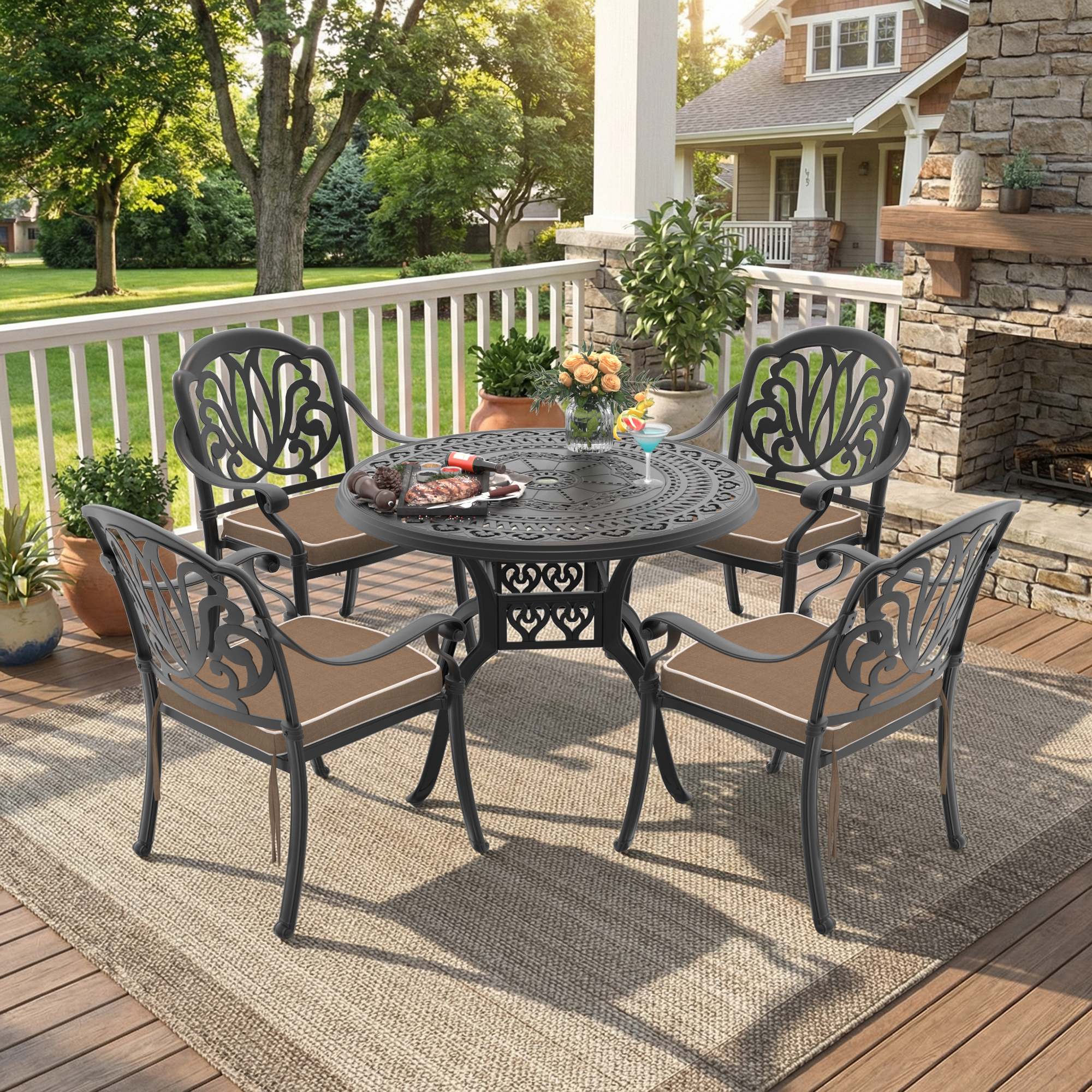 5-Piece Set Of Cast Aluminum Patio Furniture With Black Frame and Brown Seat Cushions(same sku: W1710S00062)