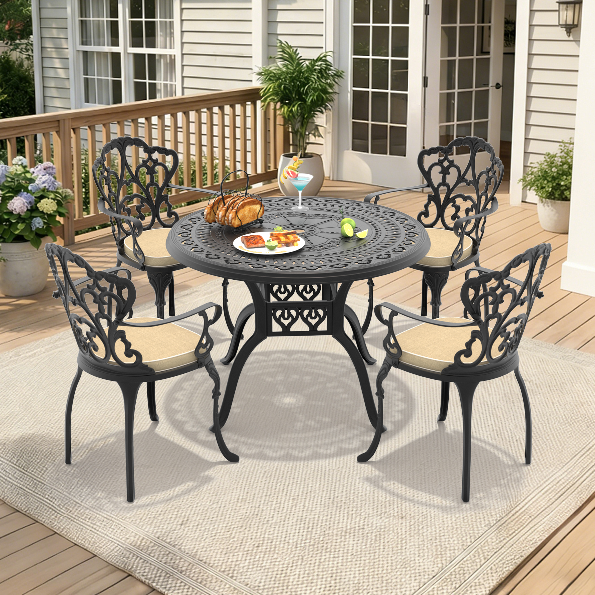 5-Piece Set Of Cast Aluminum Patio Furniture With Black Frame and Off-white Seat Cushions(same sku: W1710S00066)
