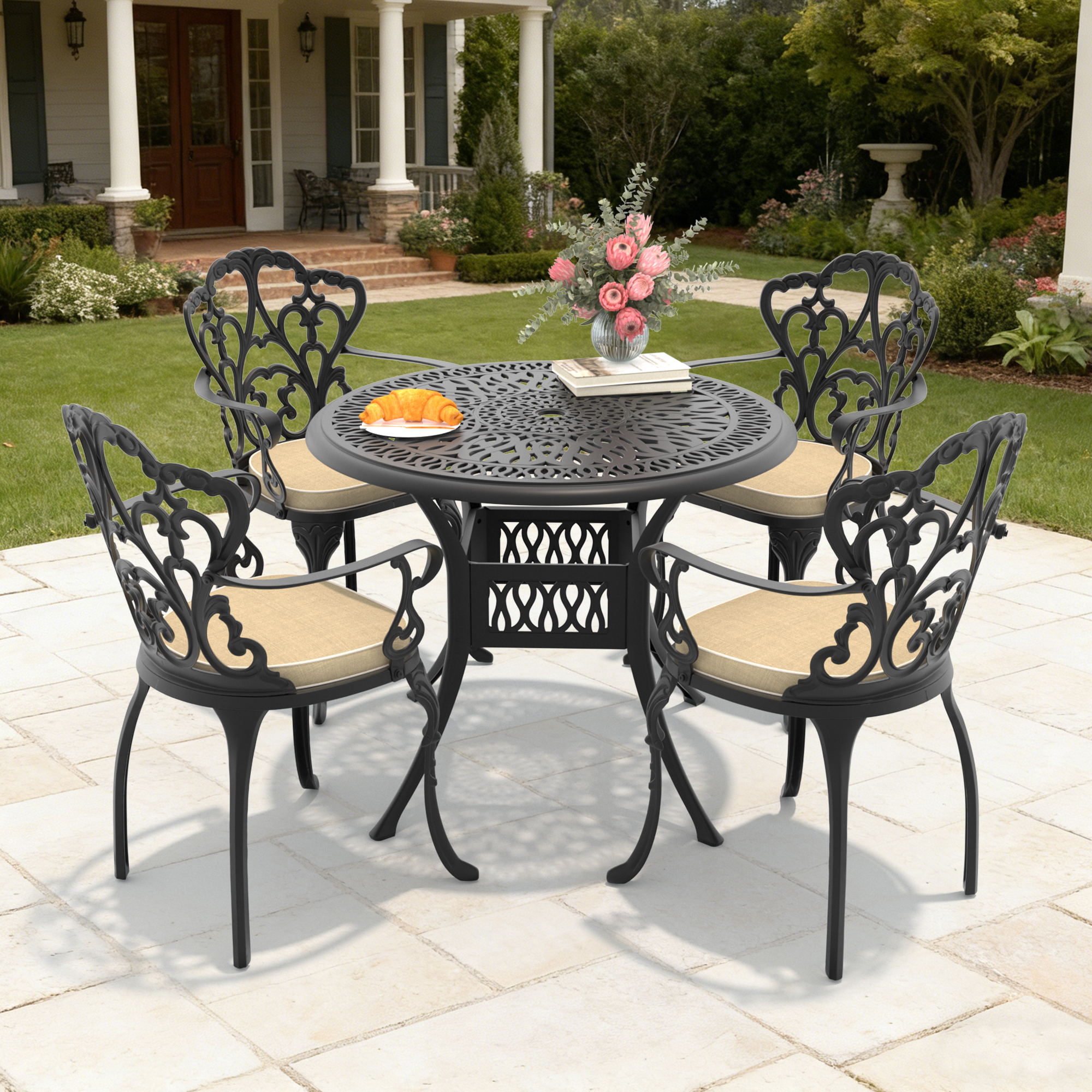 5-Piece Set Of Cast Aluminum Patio Furniture With Black Frame and Off-white Seat Cushions(same sku: W1710S00054)