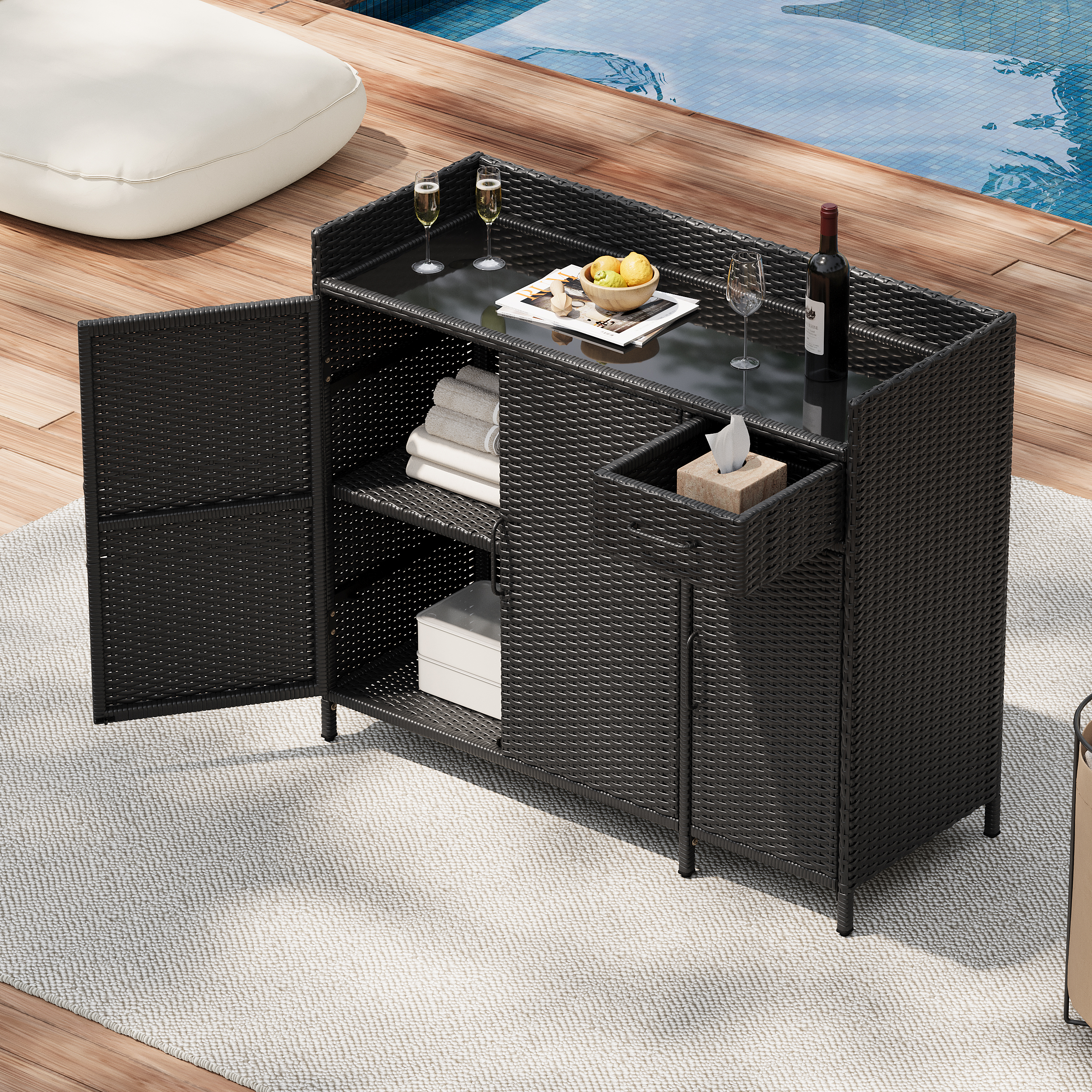 K&K 47.5″W Wicker Outdoor Storage Cabinet with Tempered Glass Desktop, Weather-proof Rattan Bar Table with Three Doors, Adjustable Shelf, and One Drawer, for Outdoor Cushions, Pool Toys , Black Brown