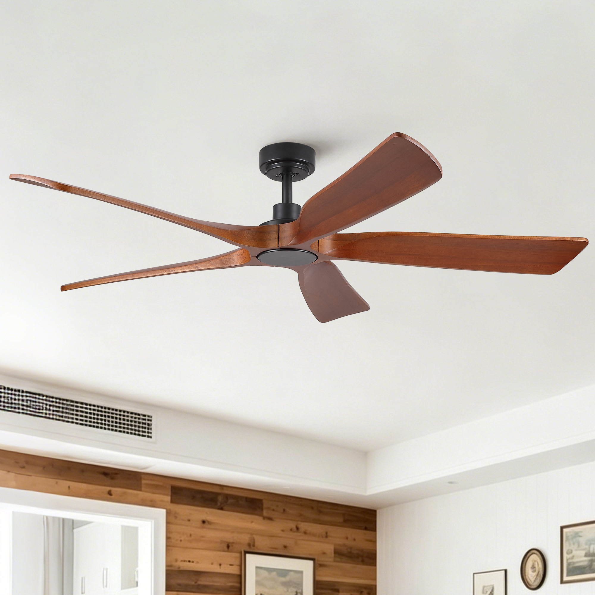 60″ Modern Farmhouse Vintage Mahogany Solid Wood Ceiling Fan with Light and Remote Control, Noiseless, 6 Speeds Reversible, Quiet DC Ceiling Fans for Indoor or Covered Outdoor Use, ETL Listed