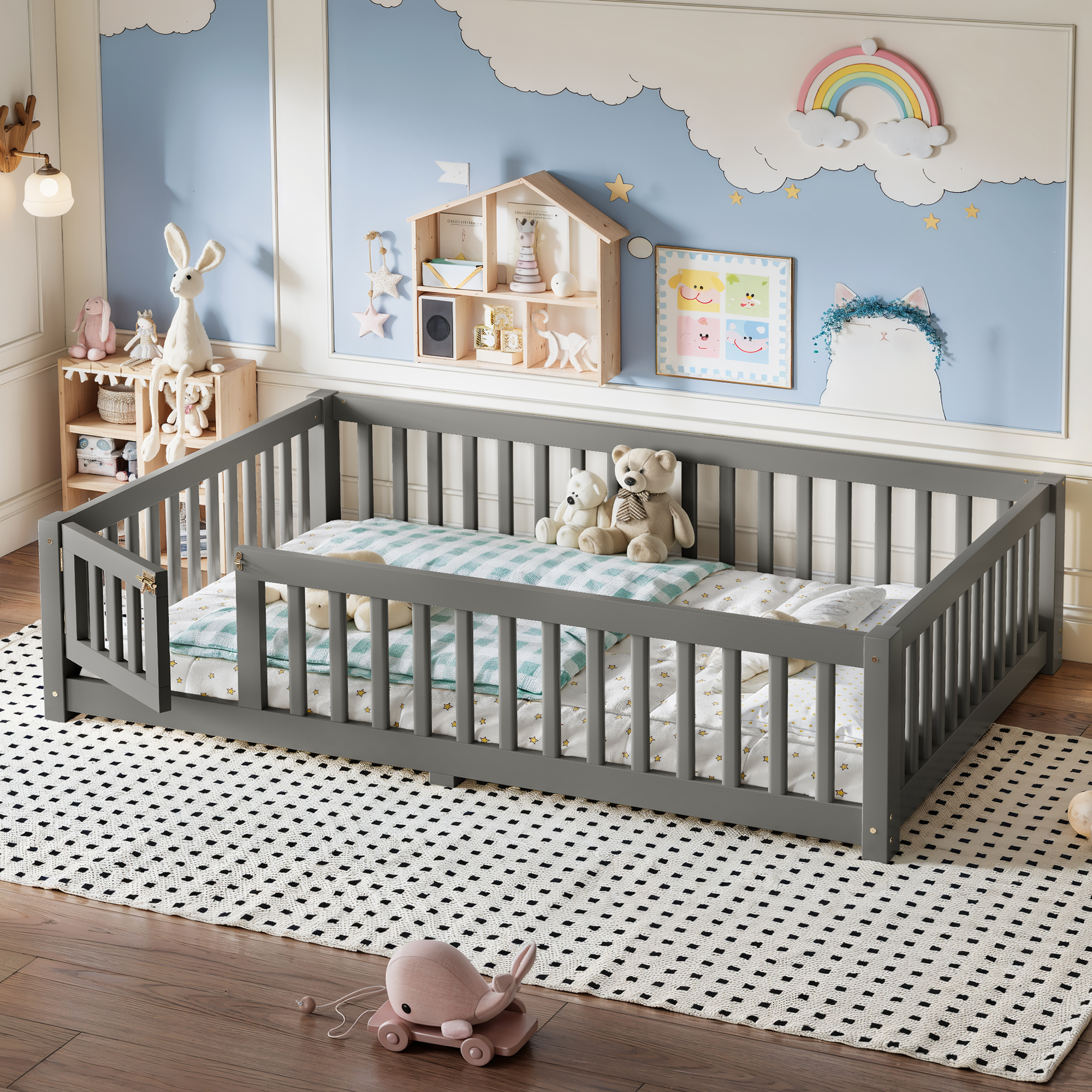 Full Size Bed Floor Bed with Safety Guardrails and Door for Kids, Gray