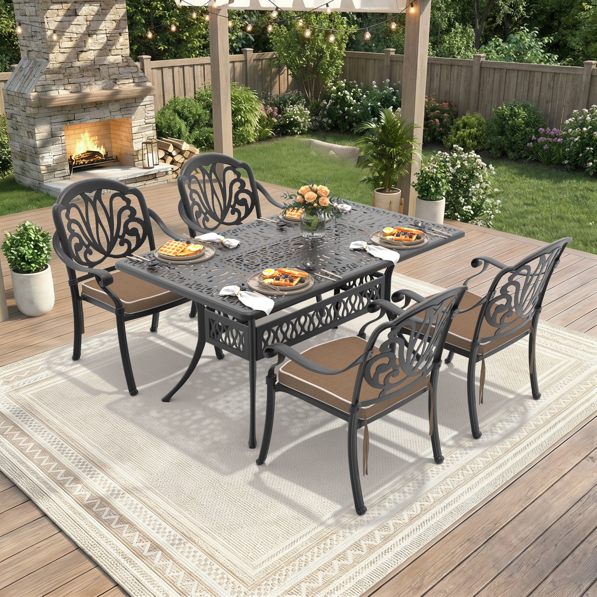 5-Piece Set Of Cast Aluminum Patio Furniture With Brown Cushions(same sku:W1710S00085)
