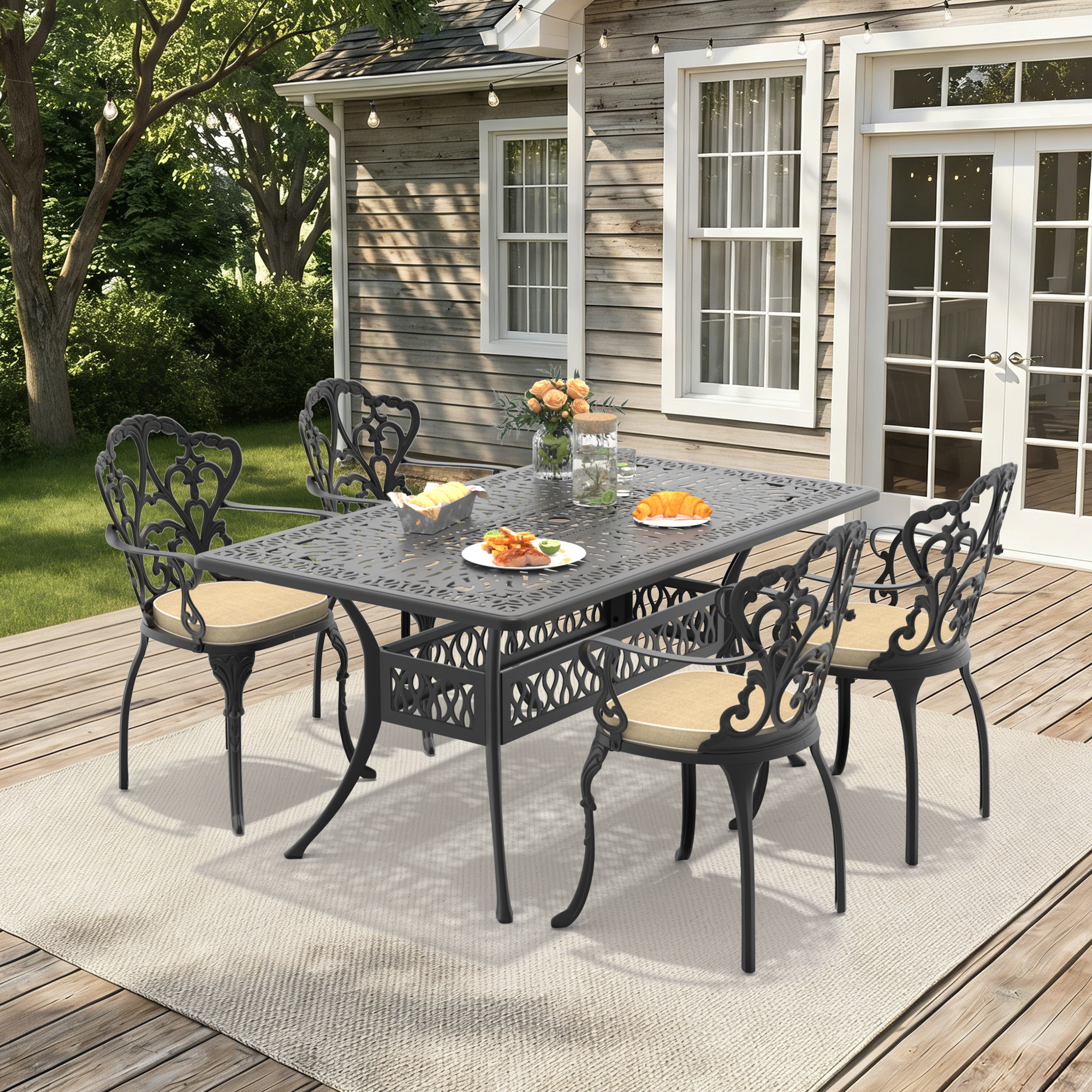 5-Piece Set Of Cast Aluminum Patio Furniture With Black Frame and Off-white Seat Cushions(same sku: W1710S00089)