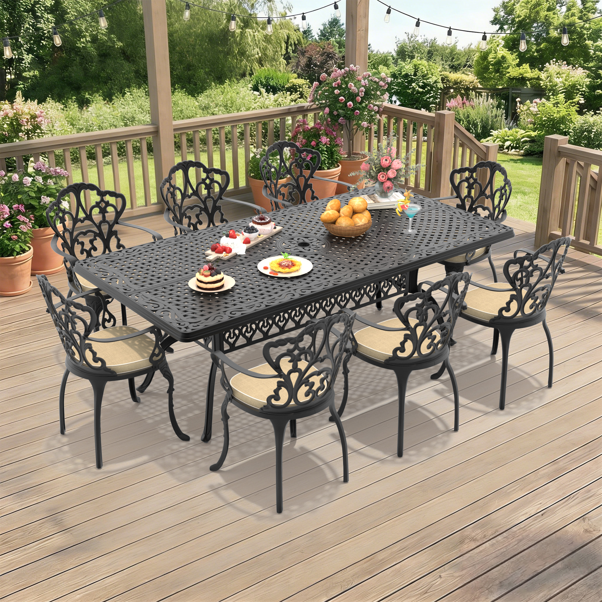 9-Piece Set Of Cast Aluminum Patio Furniture With Black Frame and Off-white Seat Cushions(same sku:W1710S00174)