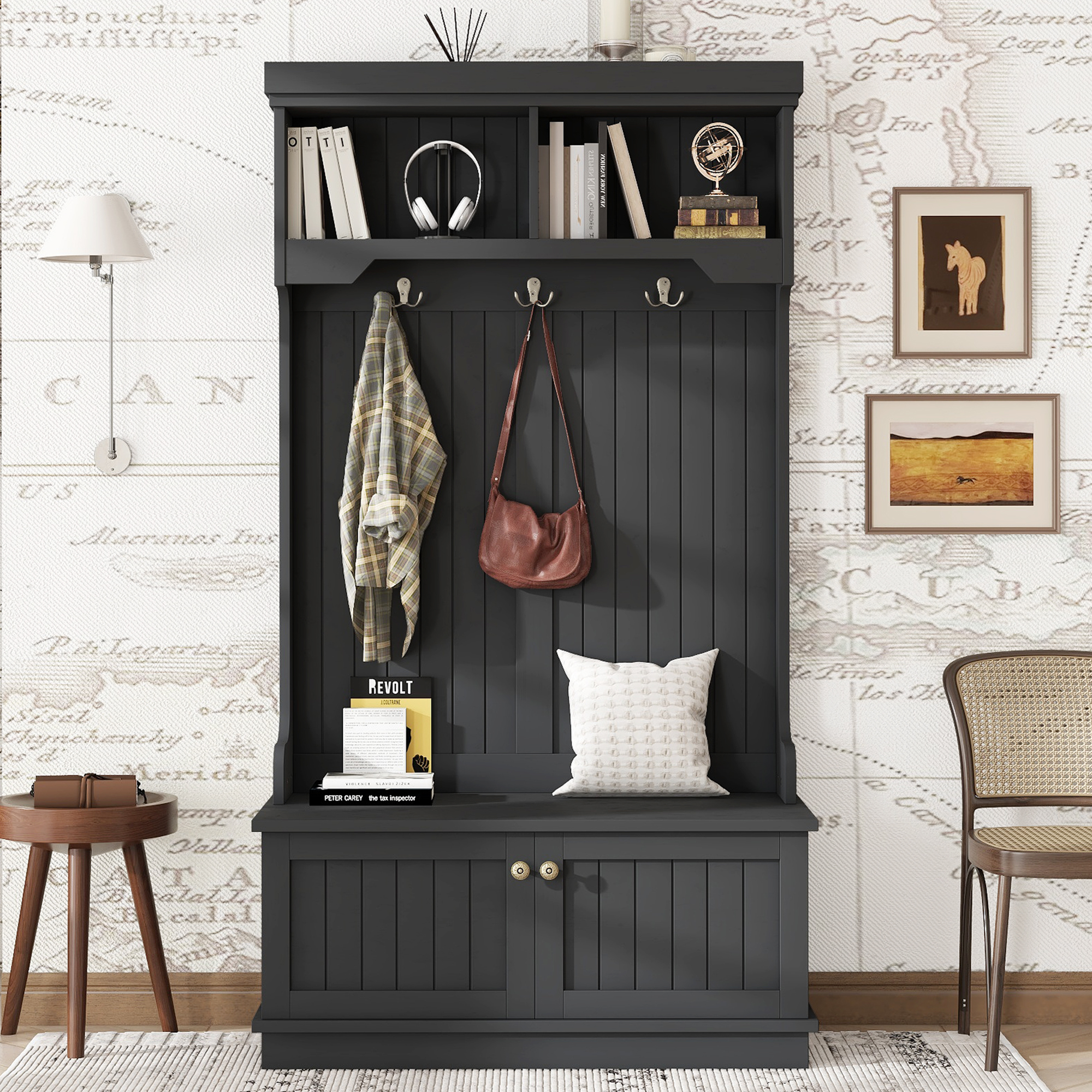 Hall Tree with Storage Shoe Bench for Entryway and Hallway, 4-in-1 Design Coat Racks with Hooks for Living Room, Black