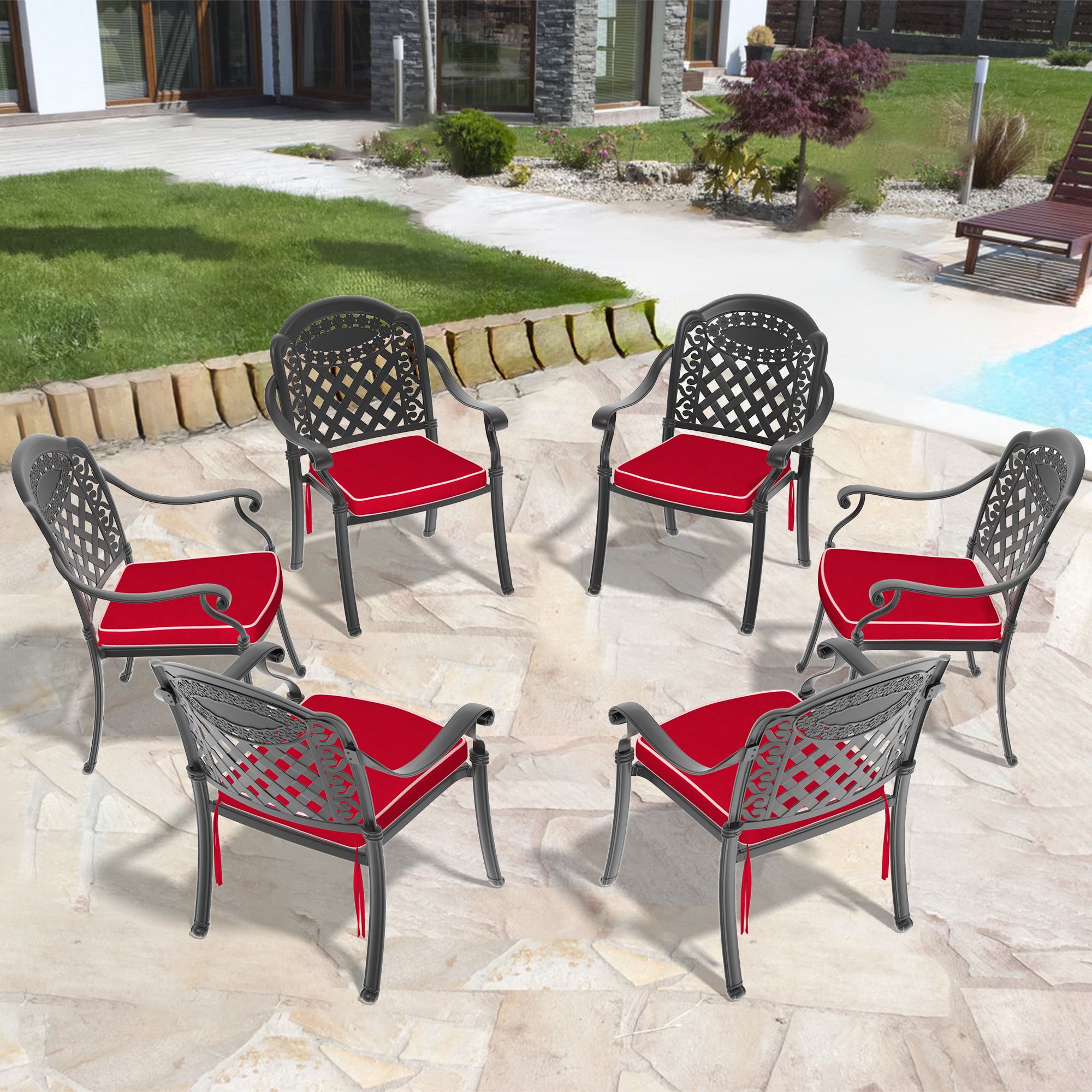 Cast Aluminum Patio Dining Chair 6PCS With Black Frame and Red Cushions (same as:W1710S00508 ,W1710P166055)