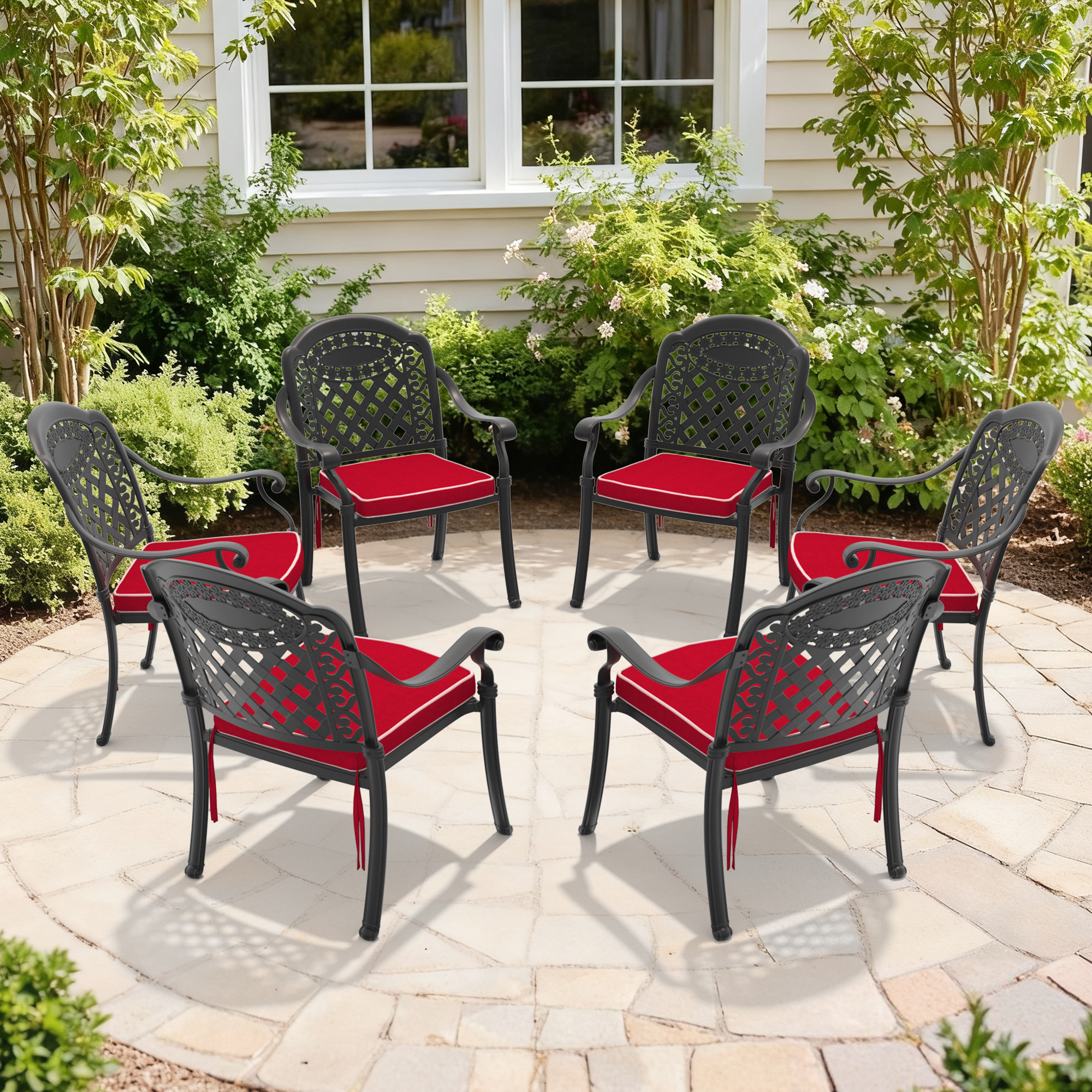 Cast Aluminum Patio Dining Chair 6PCS With Black Frame and Red Cushions (same as: W1710S00480 ,W1710P166055)