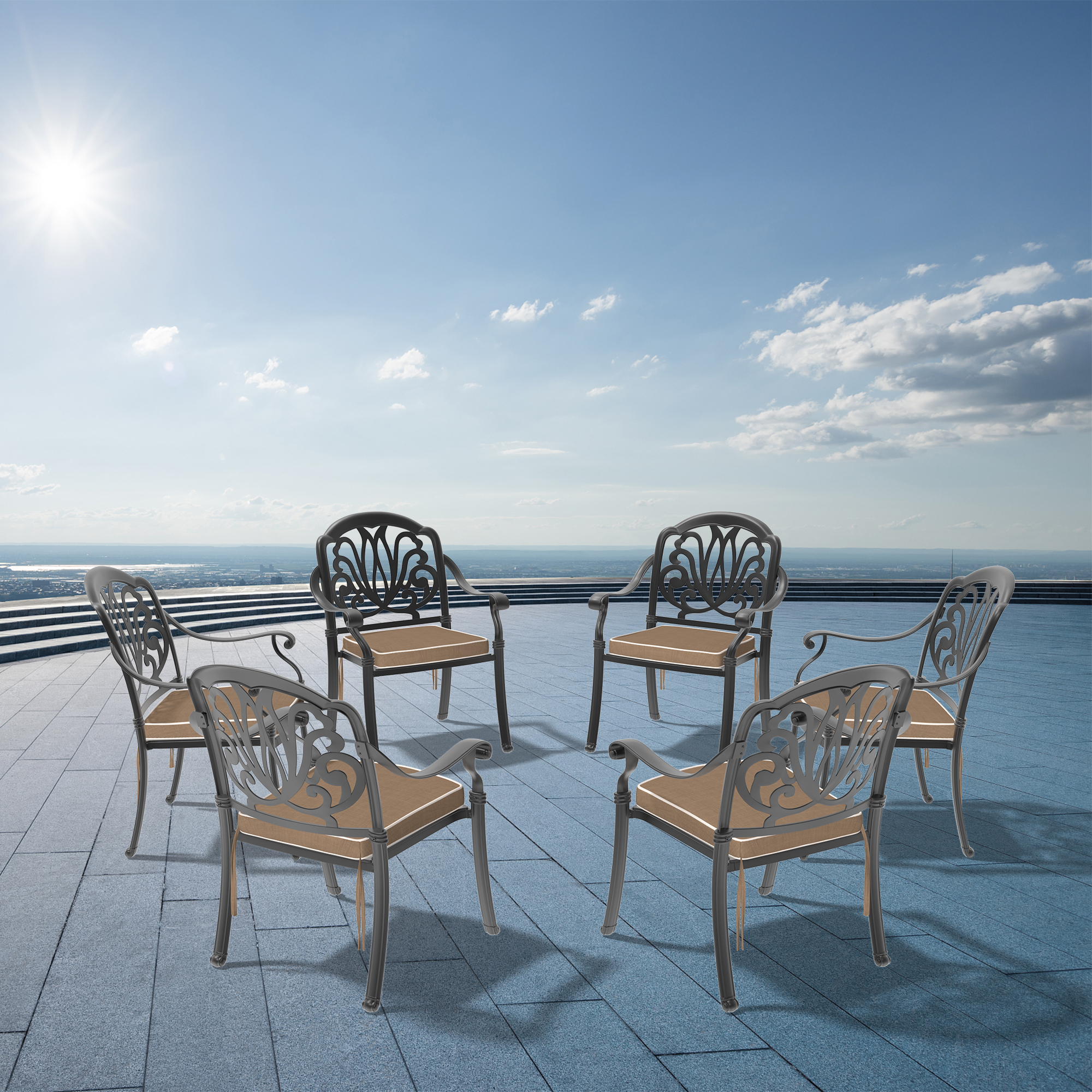 Cast Aluminum Patio Dining Chair 6PCS With Black Frame and Brown Cushions (same as:W1710S00507,W1710P166053)