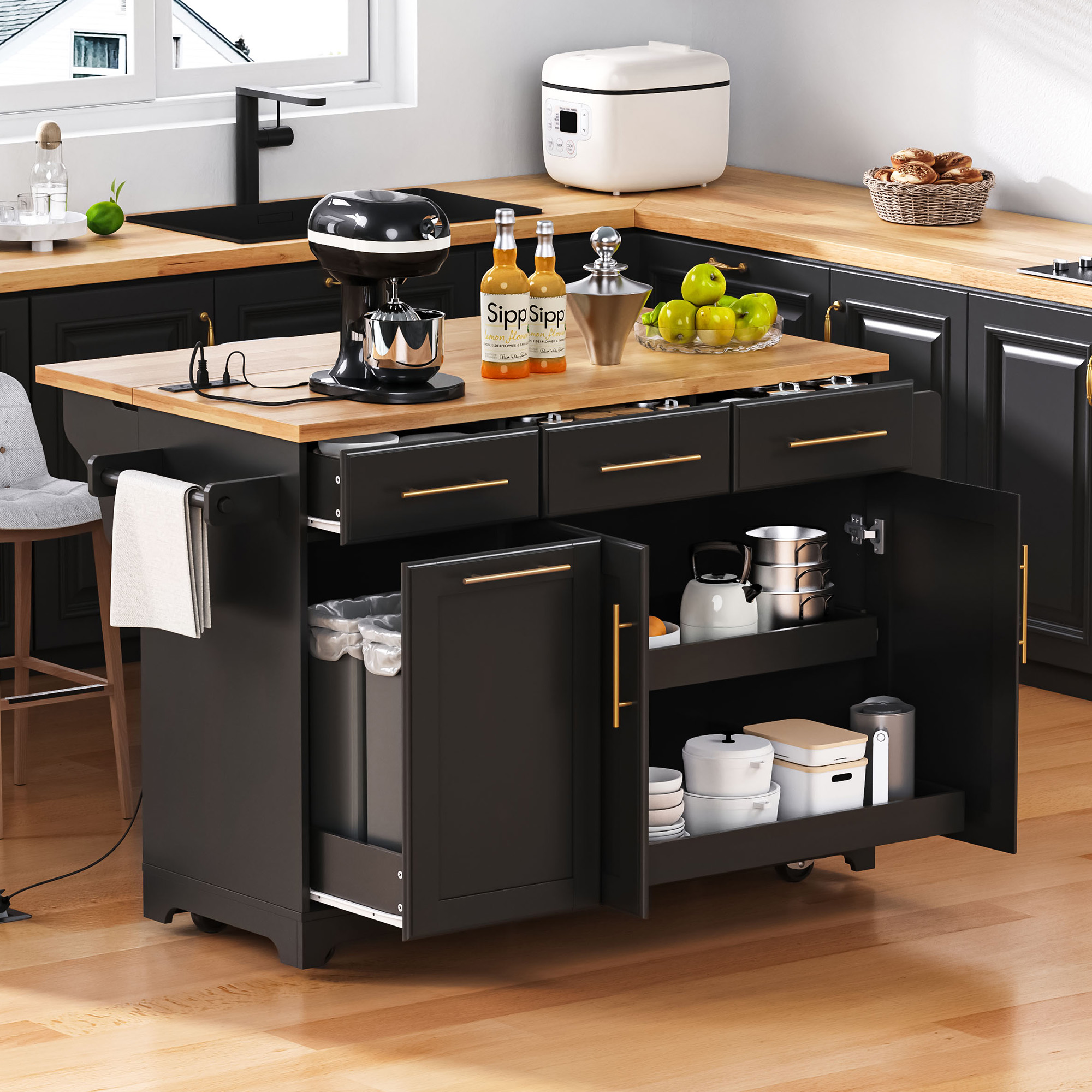 K&K 59.3″ Kitchen Island with Storage 2 Pull Out Cabinet Organizers & Rubber Wood Drop Leaf, Rolling Kitchen Island with Trash Can Storage, Power Outlet, Spice & Towel Rack for Kitchen, Dining, Black