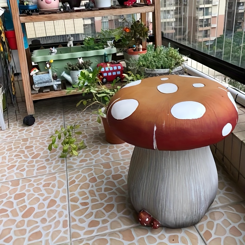 13.4″ Oversized Mushroom Statue Stool, Resin Garden Stool with Forest Base, Multi-Purpose Decorative Stool for Courtyard, Lawn, Indoor & Outdoor Summer Decoration