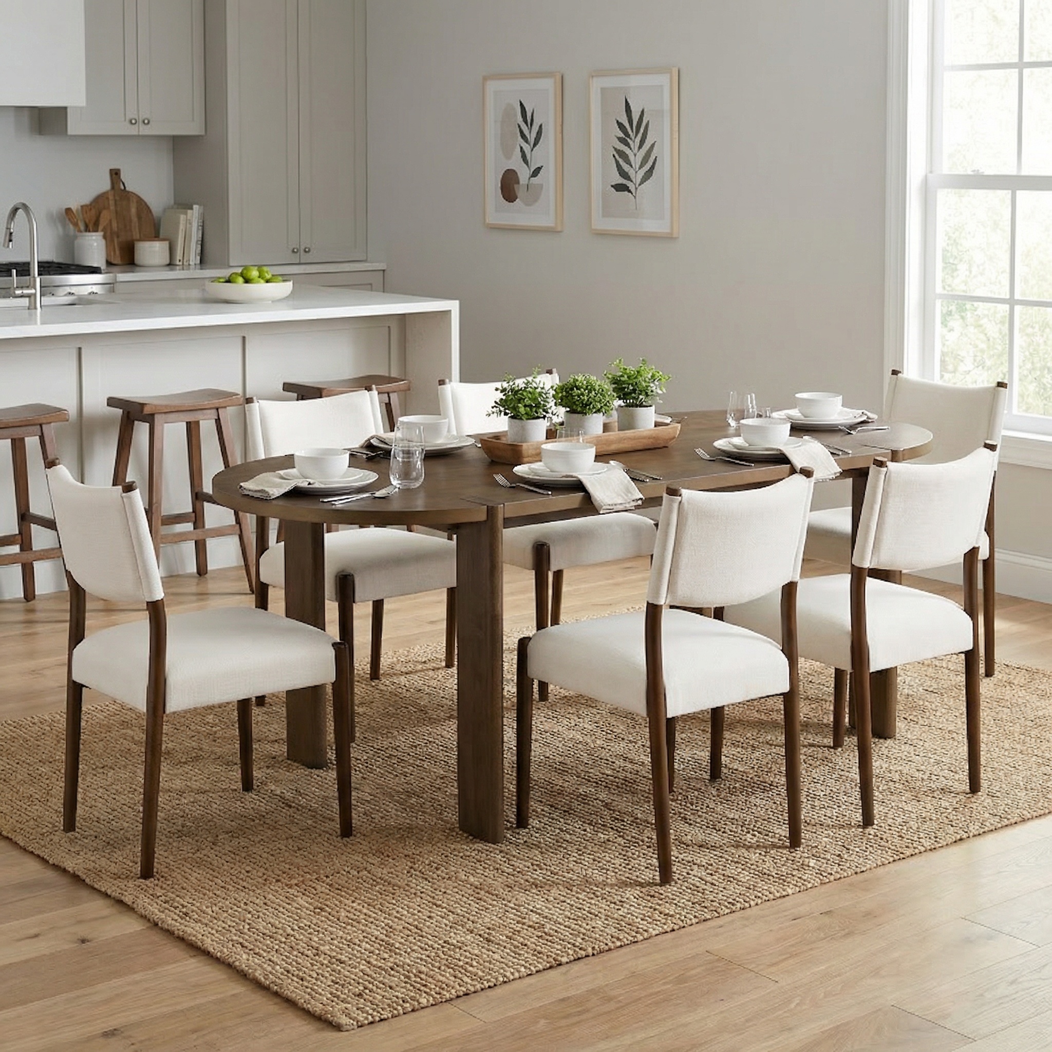 7 Pieces Modern Oval Dining Set, Rustic Farmhouse Solid Wood  Kitchen Table Set for 6, 71” Large Luxury Retro Country Dinner Set with Espresso Chairs, for Dining Room,Kitchen, Walnut
