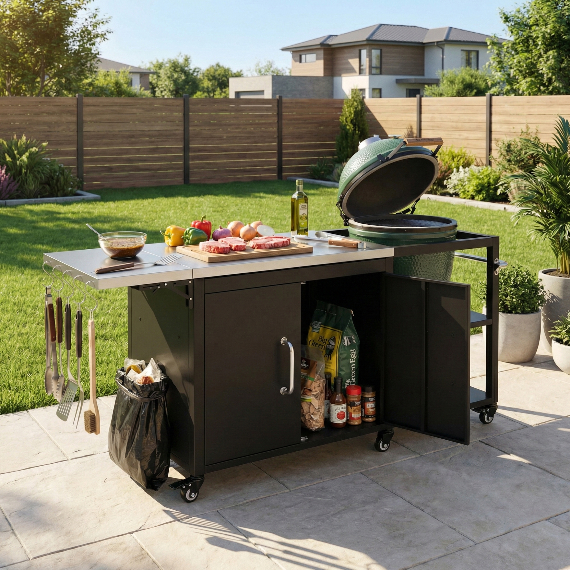 K&K 76.6″ Outdoor Large Grill Cart with Storage Cabinet, Outdoor Kitchen Island with Steel Drop Leaf for Large Big Green Egg, Outdoor Grill Table with Adjustable Shelf & Hooks & Bottle Opener for BBQ