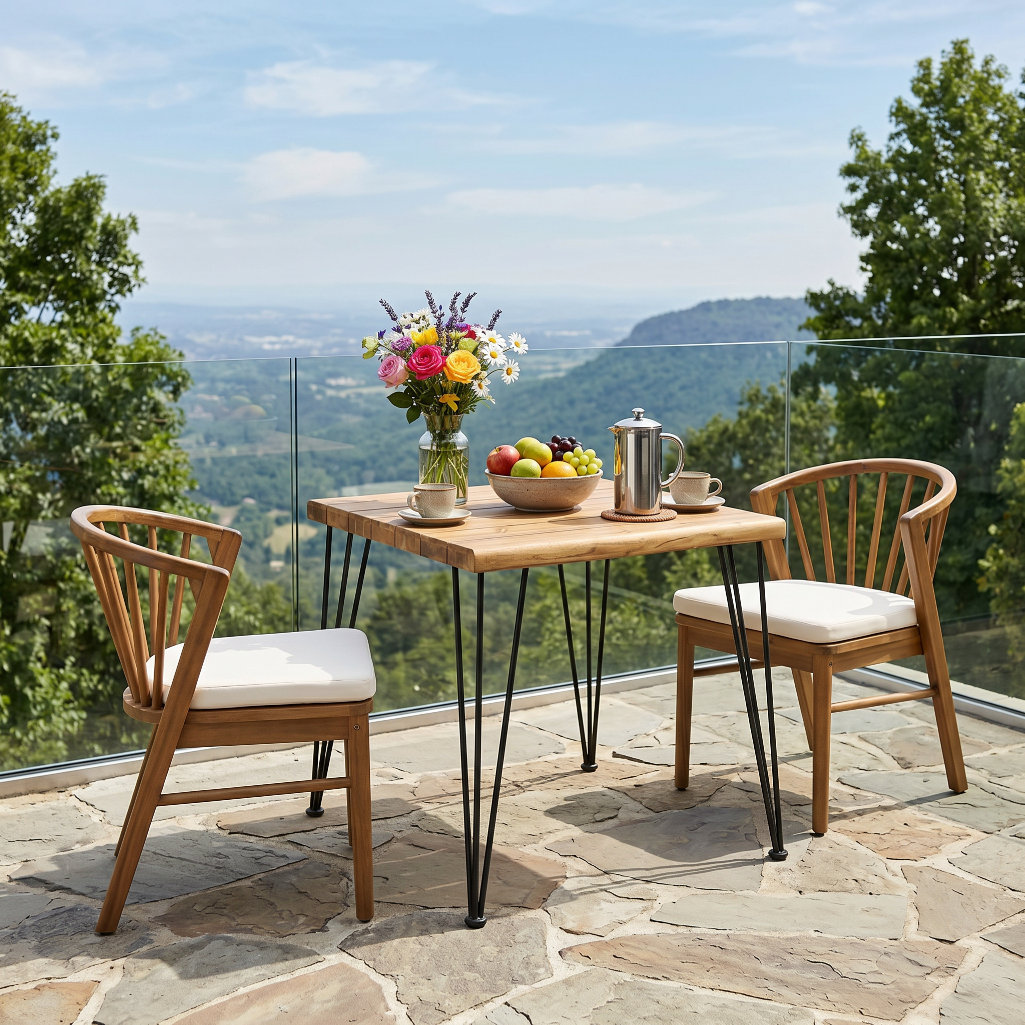 3 Pieces Acacia Wood Outdoor Dining Set with Cream Cushions,Modern 6 Chairs with 32.5″ Table,Dining Furniture Set for Lawn, Backyard, Garden Deck,Poolside,Teak