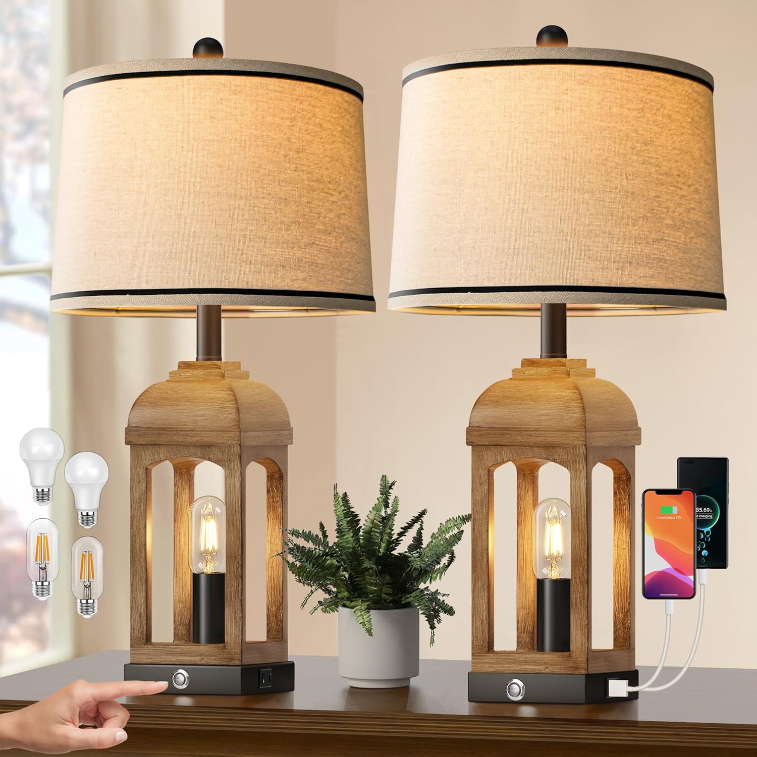 Table Lamp for Living Room, Farmhouse Lamps Set of 2 with USB A+C and Nightlight, 26″ Rustic Bedside Lamps with 3-Way Dimmable Touch Control, Nightstand Lamp for Bedroom Decor, Wood Grain