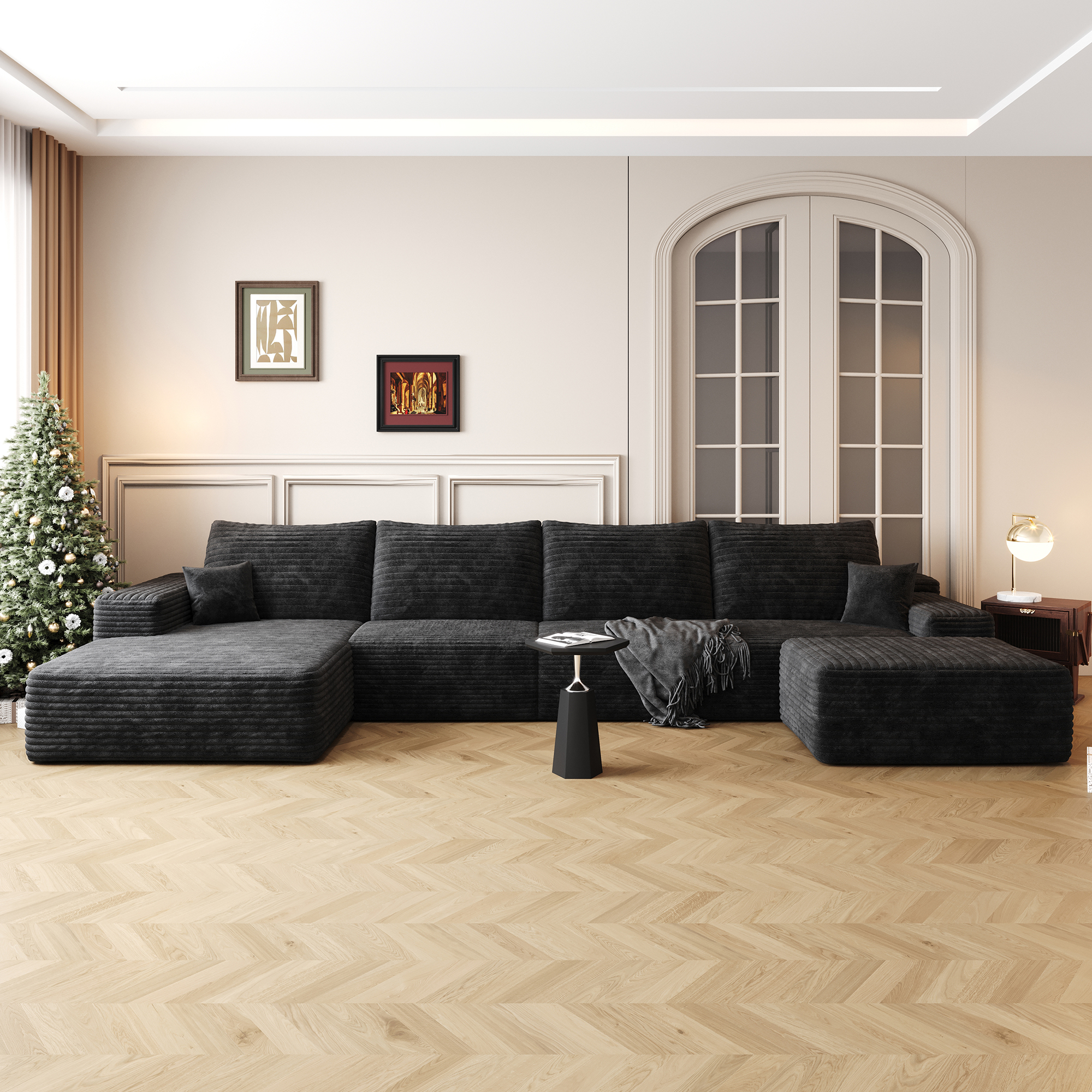 135″ Cloud Sectional Sofa with 1 Ottoman,Modern Minimalist Upholstered Couches, Comfort U Shaped Sofa for Living Room,Deep Seat Corner Couch,No Assembly Required,Black (Plush Corduroy Fabric)