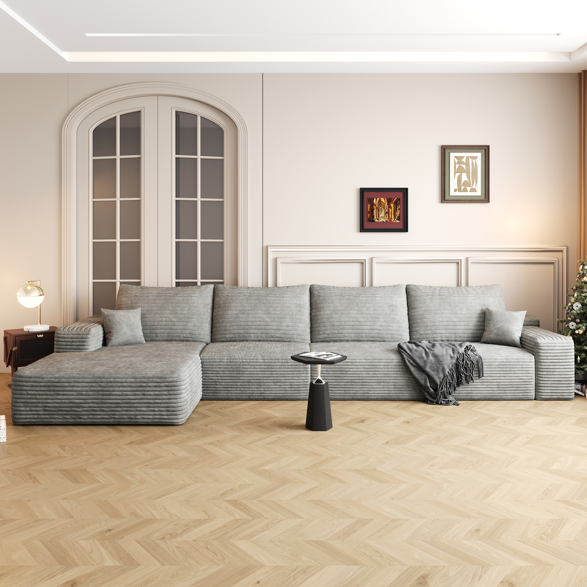 135″ Cloud Sectional Couch with L-Shape Chaise,Modern Modular Sofa with Deep Seat, Upholstered Couches for Living Room Bedroom,No Assembly Required, Grey(Plush Corduroy Fabric)