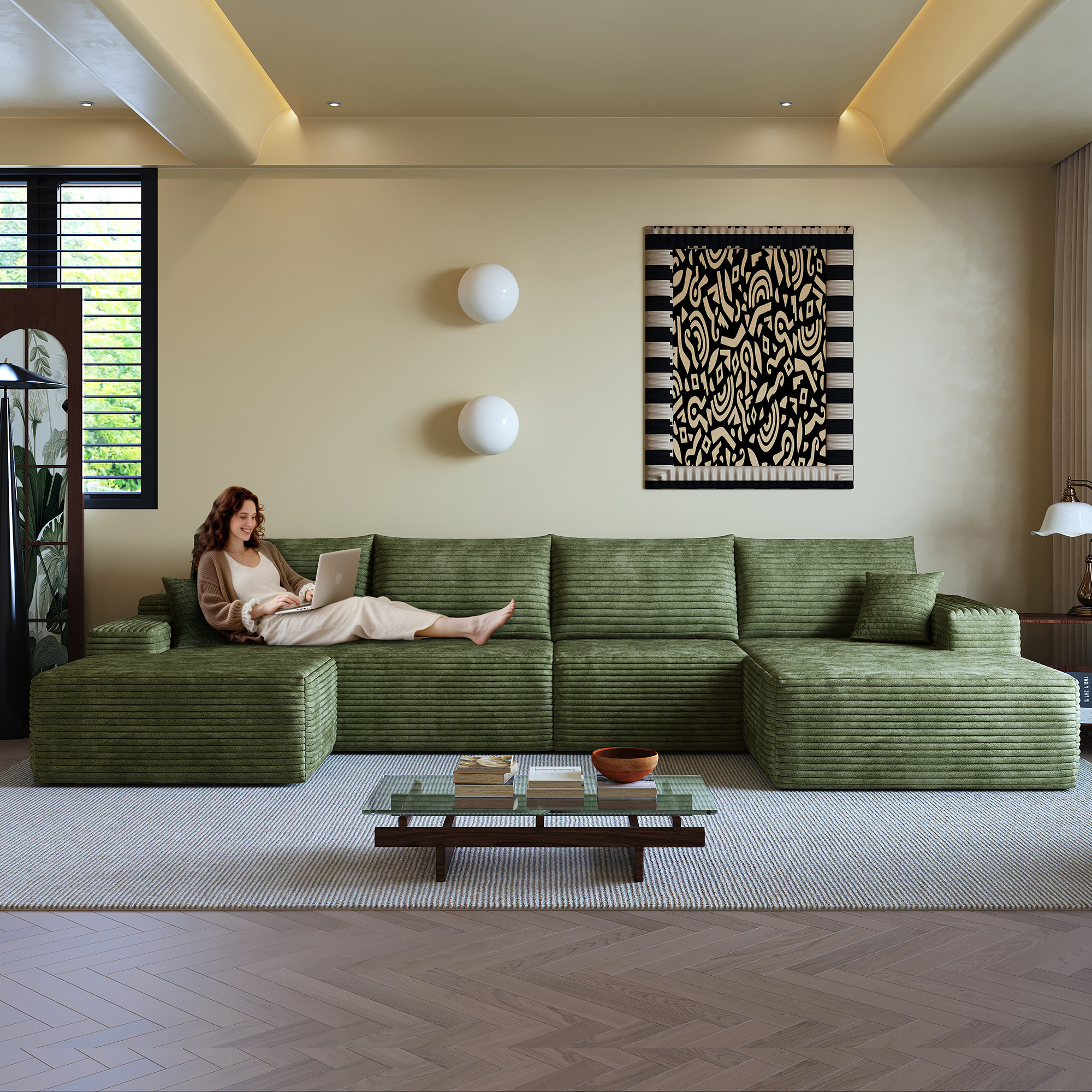 135″ Cloud Sectional Sofa with 1 Ottoman,Modern Minimalist Upholstered Couches, Comfort U Shaped Sofa for Living Room,Deep Seat Corner Couch,No Assembly Required (Plush Corduroy Fabric),Green