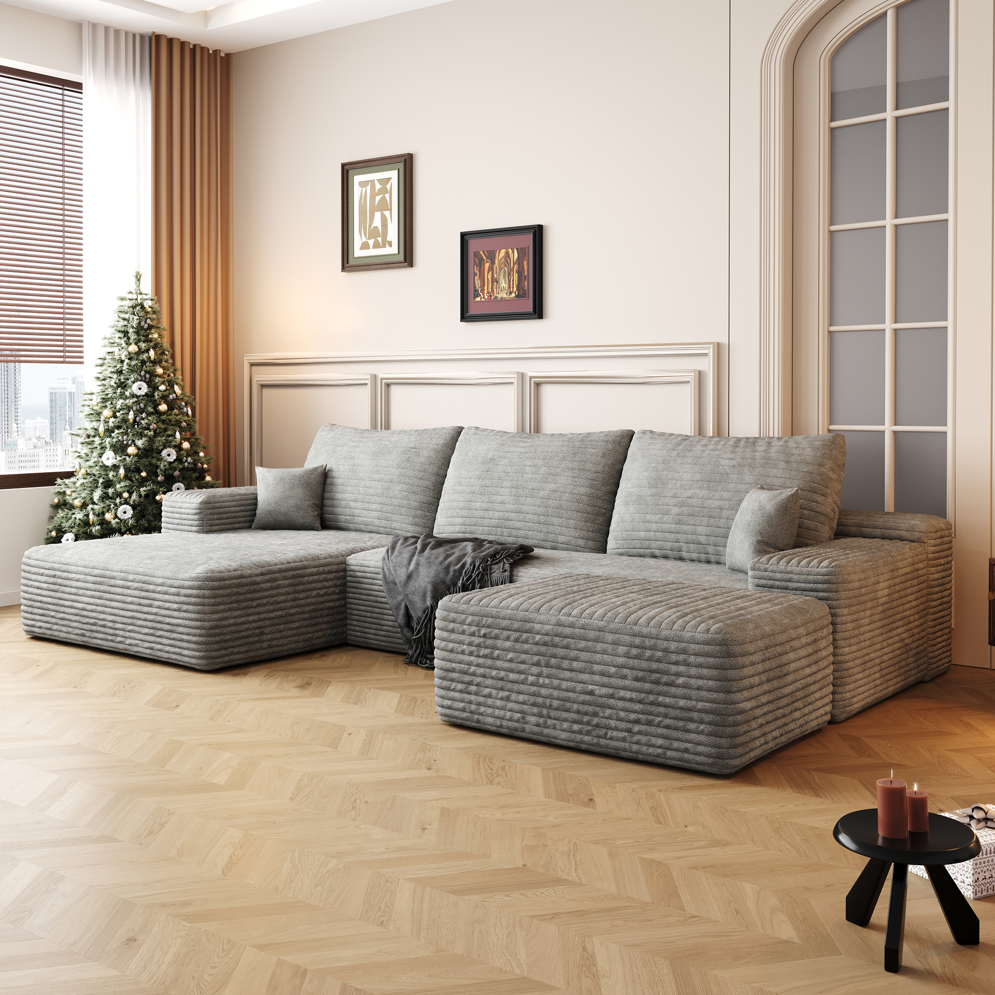 107″Cloud Sectional Sofa with 1 Ottoman,Modern Minimalist Upholstered Couches,Comfort U Shaped Sofa for Living Room,Deep Seat Corner Couch,No Assembly Required,Grey (Plush Corduroy Fabric)