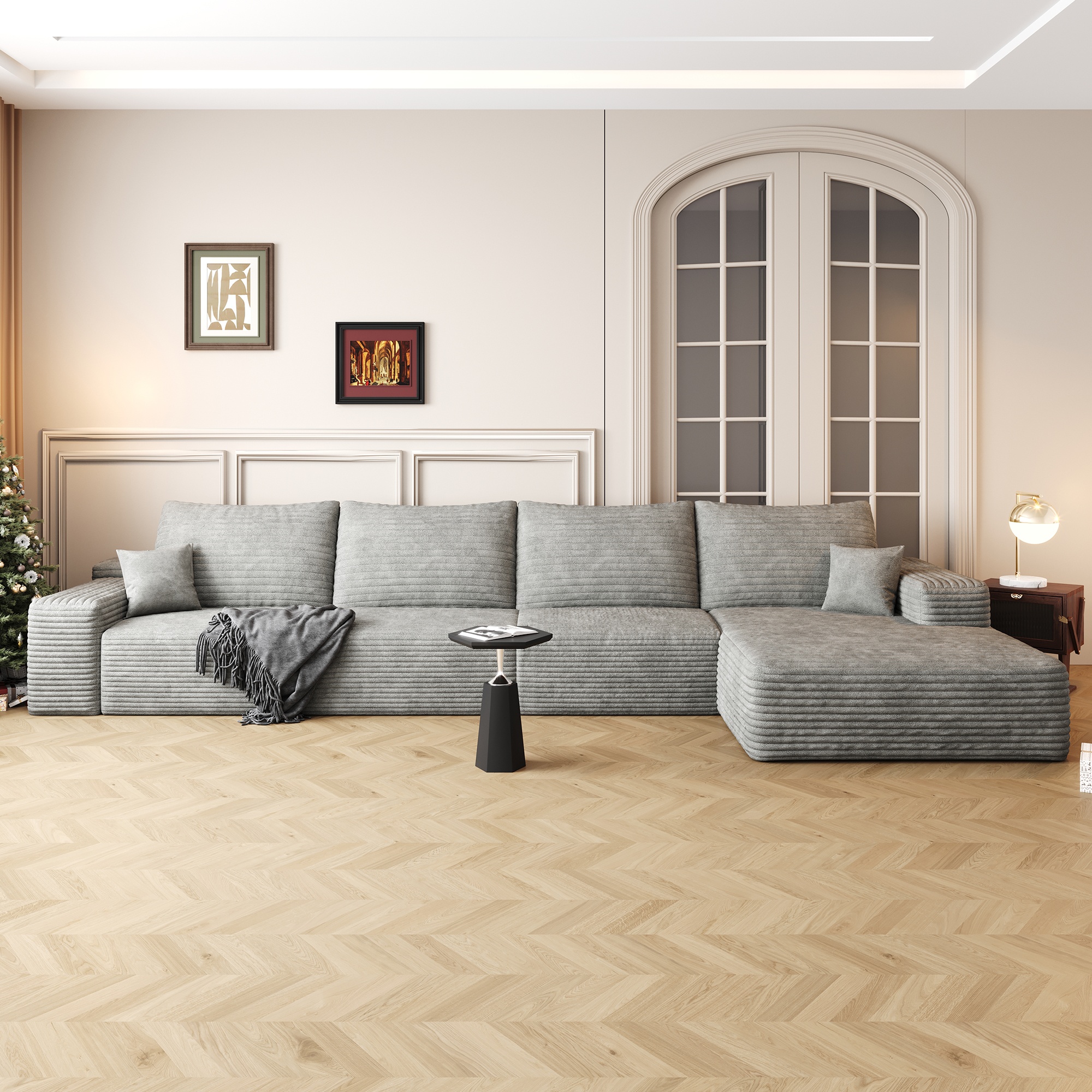 135″ Cloud Sectional Couch with L-Shape Chaise,Modern Modular Sofa with Deep Seat, Upholstered Couches for Living Room Bedroom,No Assembly Required,Grey (Plush Corduroy Fabric)