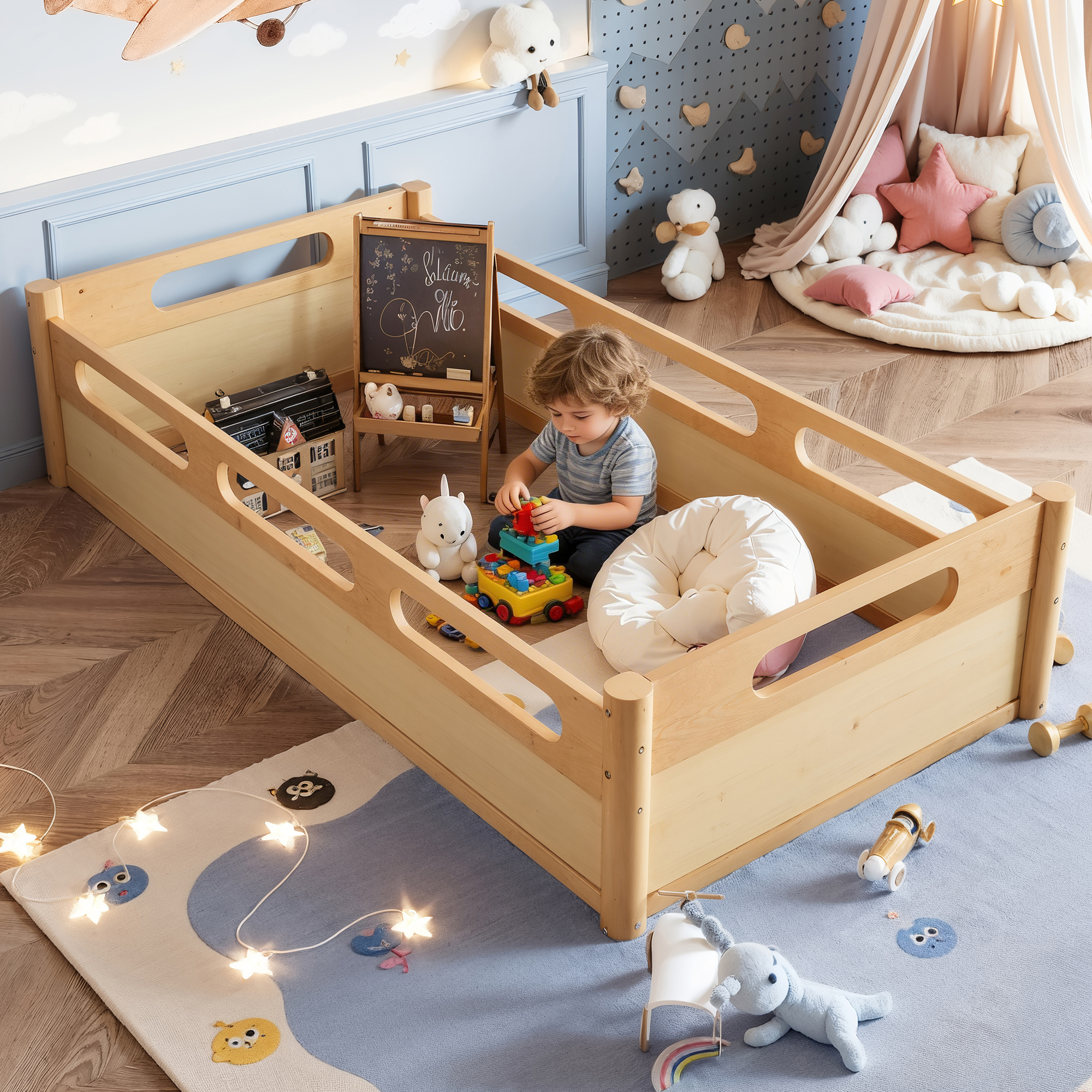 Twin Size Floor Platform Bed with Full-length Guardrails, Low Profile Twin Bed Frame, No Box Spring Needed,Natural