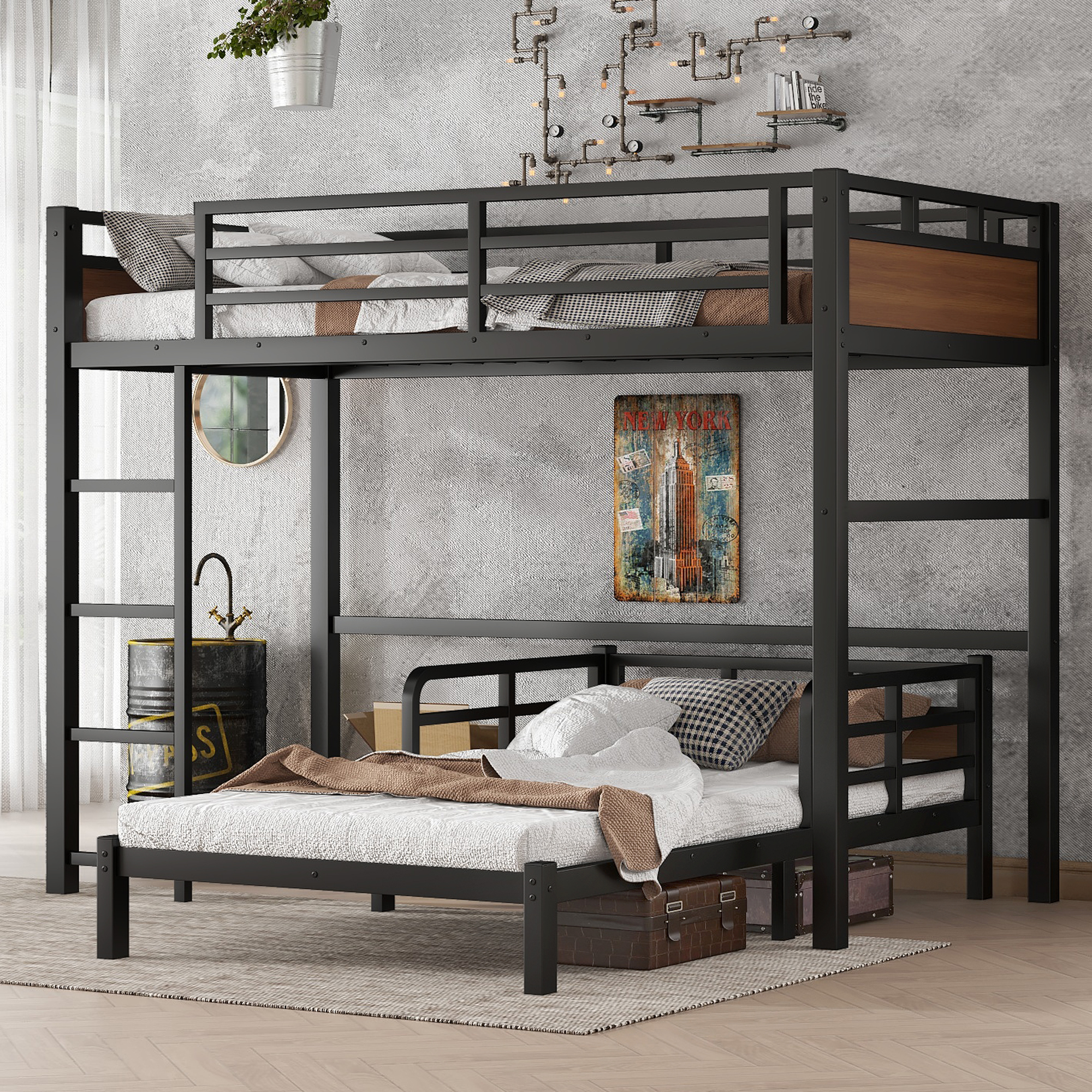 Twin XL over Twin XL Metal Bunk Bed/Metal Loft Bed,Separable Bunk Beds,with raised security fence,Walnut Color