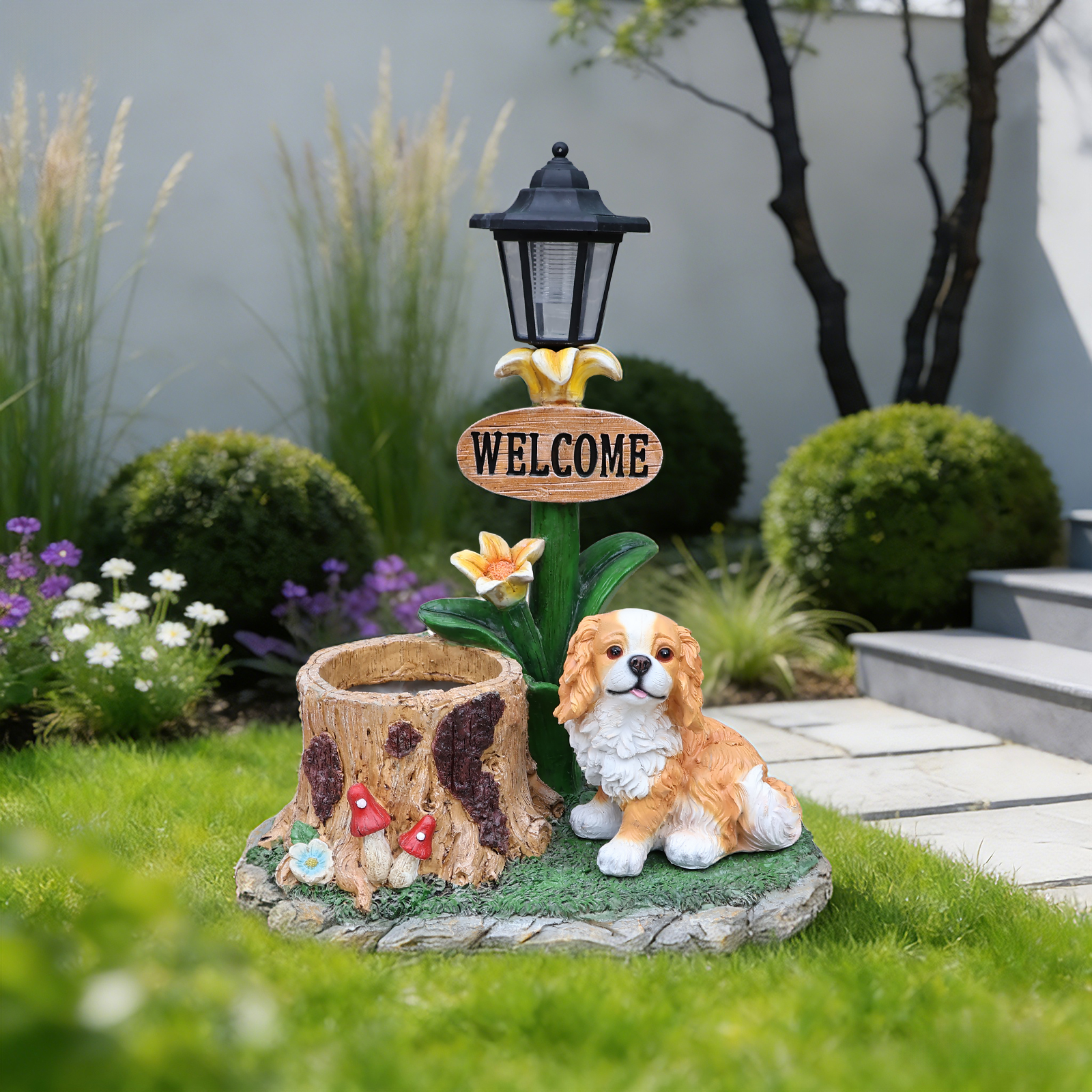 Sitting Dog Solar Lantern Planter Statue