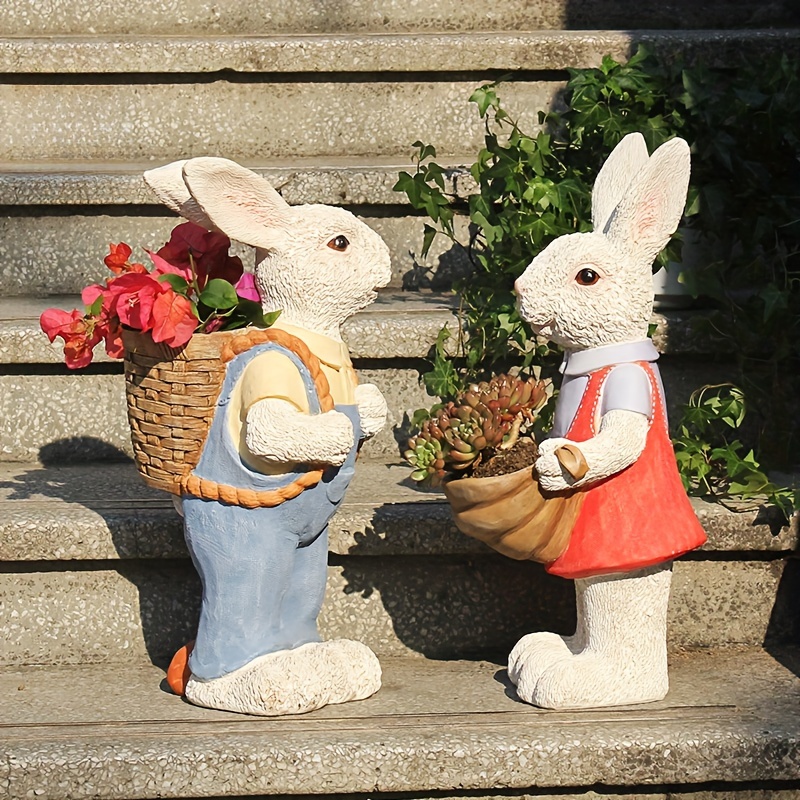Simulated pink rabbit statue flower pot ornament, resin crafts, garden decoration garden sculpture, can be used as the guardian of the home, the best gift for Independence Day