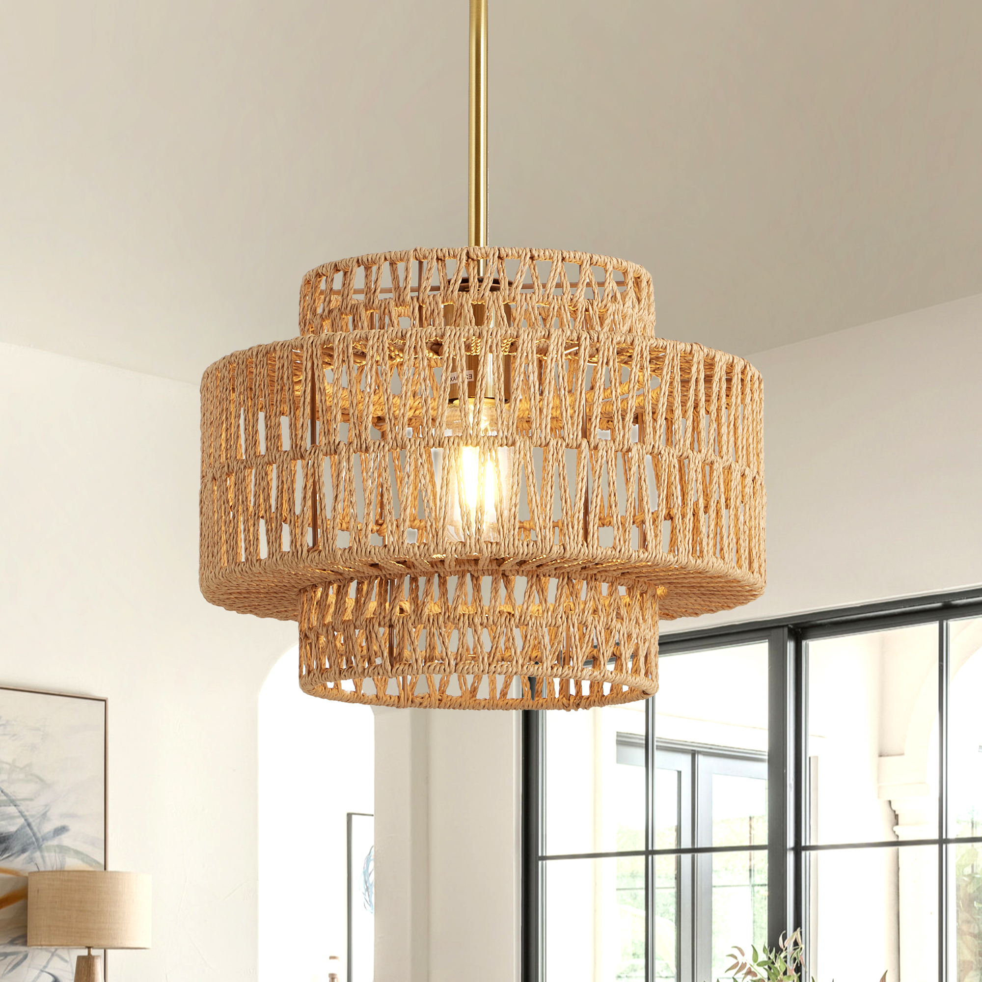 12.6 in Boho Rattan Chandelier Light Fixture,1-Light Hand Woven Pendant Light Fixture Farmhouse Rustic Hanging Lamp for Kitchen Island Bedroom, Dining Room, Living Room, Entryway, Foyer