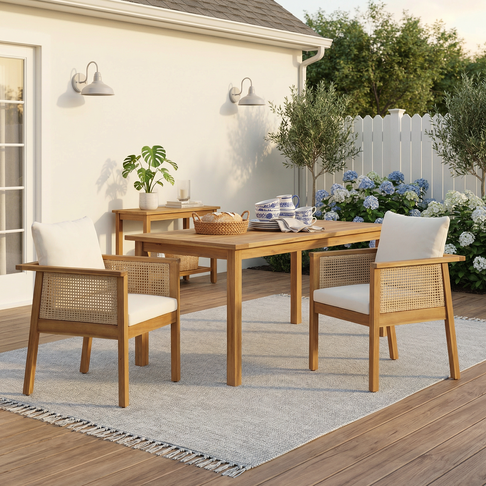 Outdoor Dining Chairs Set of 2, Acacia Wood Patio Armchair with Natural Wickers and Cream Washable Cushion,for Backyard, Poolside, Garden,Teak