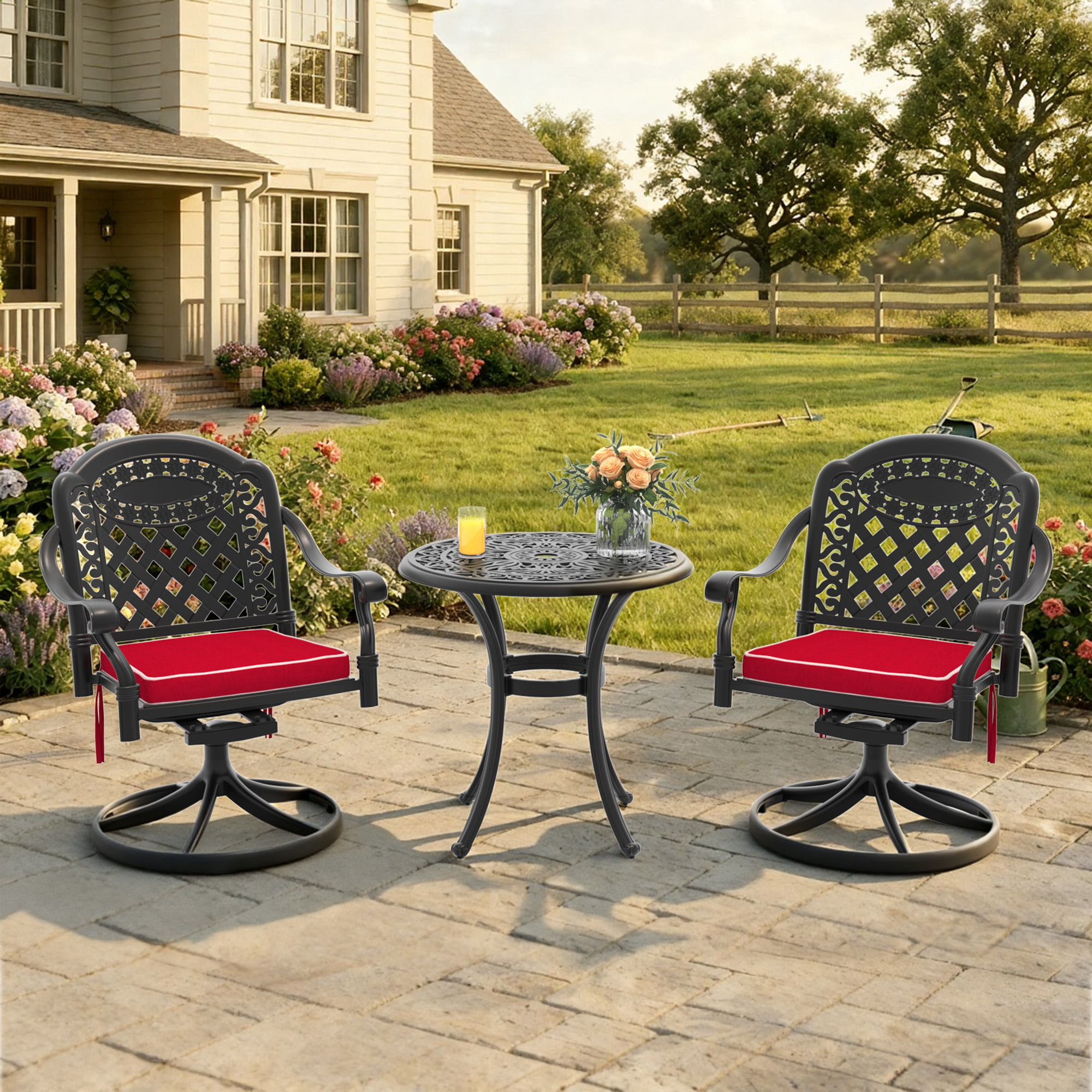 3-Piece All-Weather Cast Aluminum Dining Set, Include 2 Swivel Chairs and 26.77″ Round Table With Black Frame