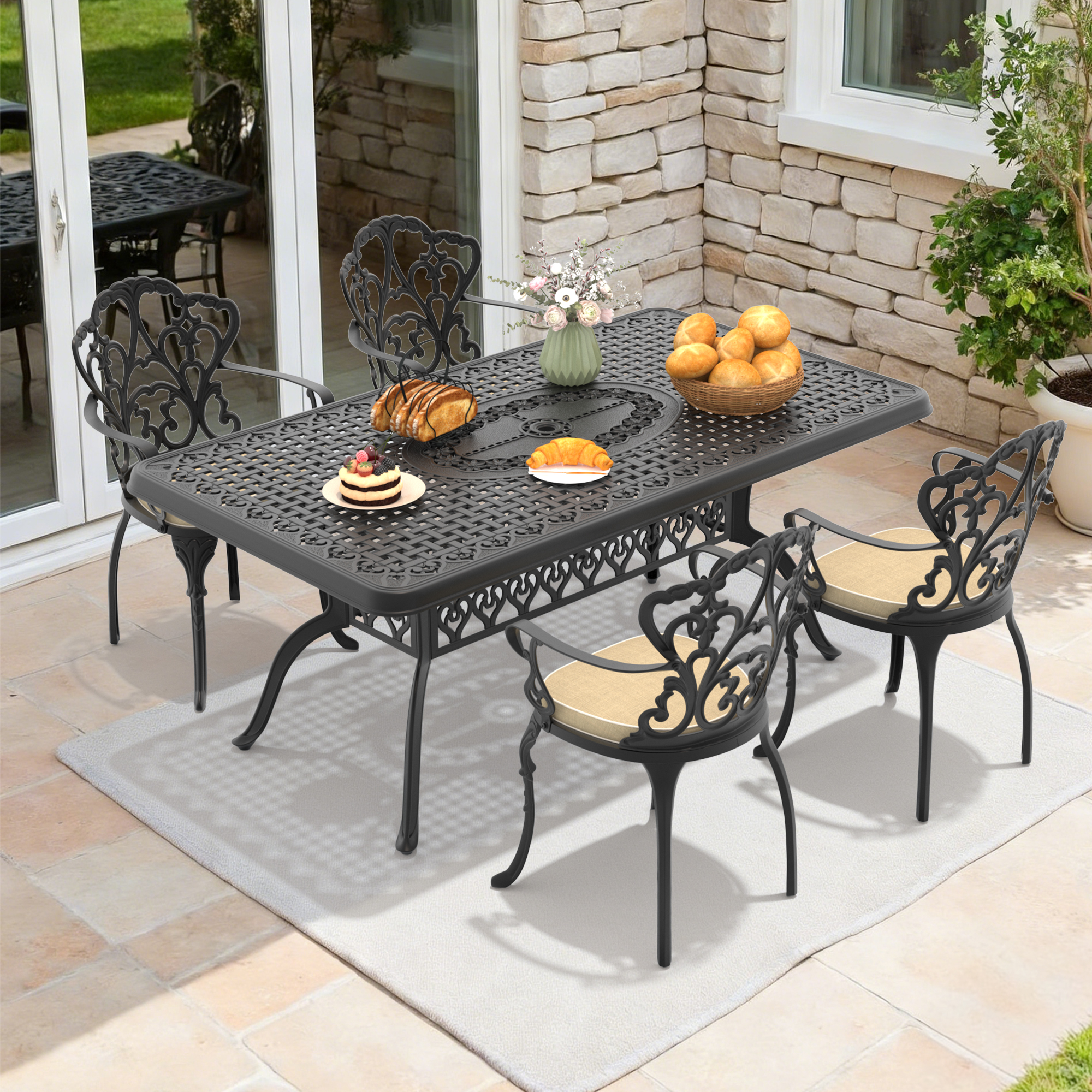 5-Piece Set Of Cast Aluminum Patio Furniture With Black Frame and Off-white Seat Cushions(same as W1710S00589)