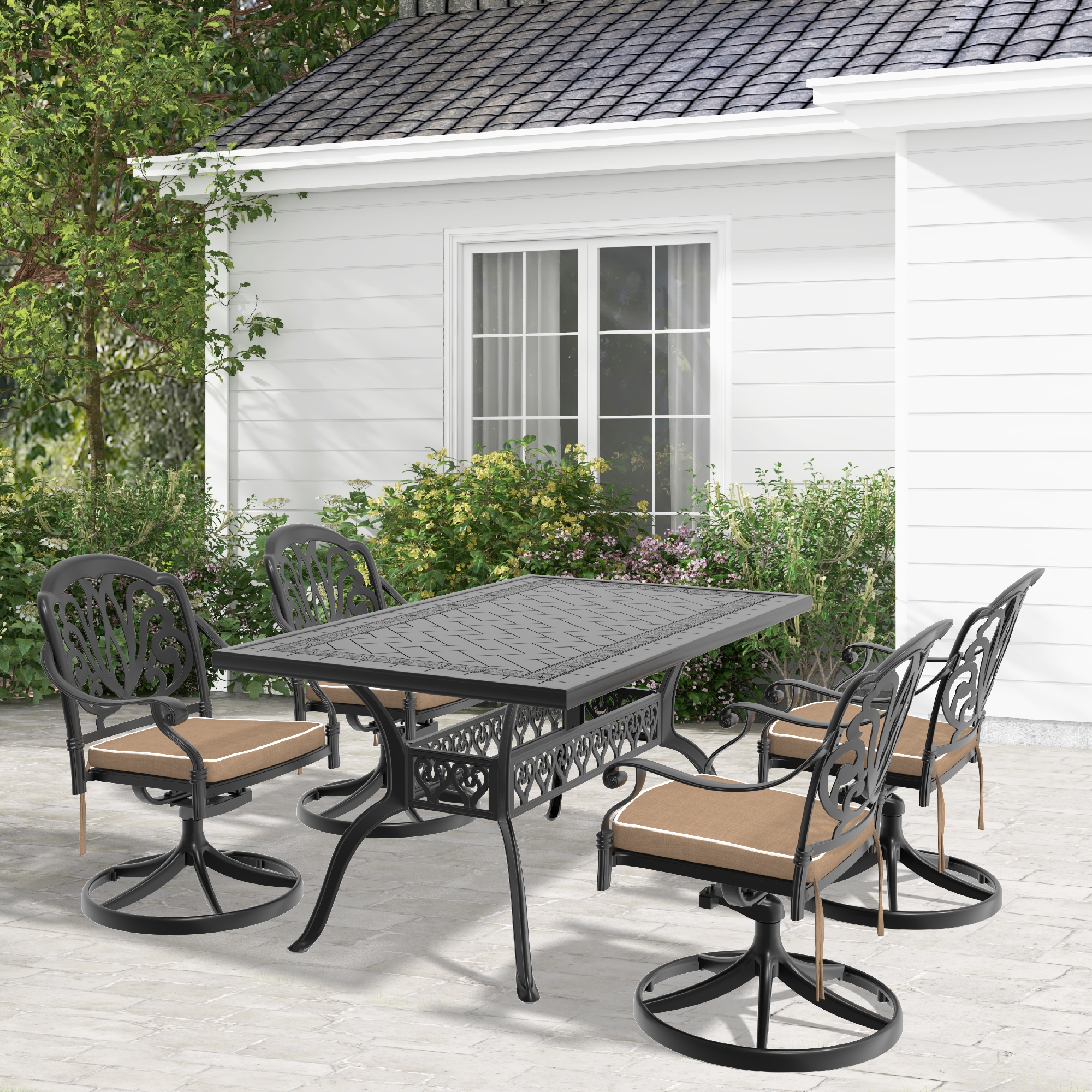 5-Piece All-Weather Cast Aluminum Dining Set, Include 4 Swivel Chairs and Rectangular Table With Black Frame (same sku:W1710S00285)