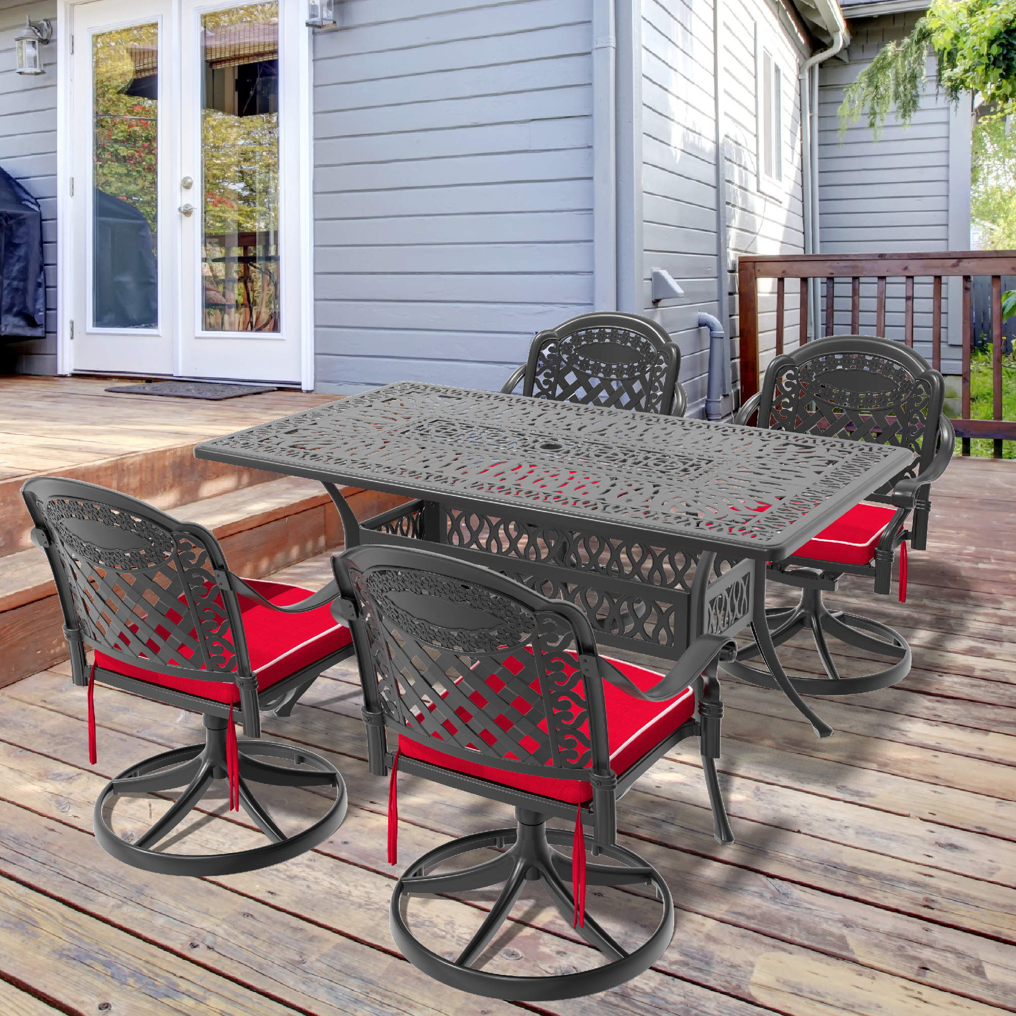 5-Piece All-Weather Cast Aluminum Dining Set, Include 4 Swivel Chairs and Rectangular Table With Black Frame (same sku:W1710S00452)
