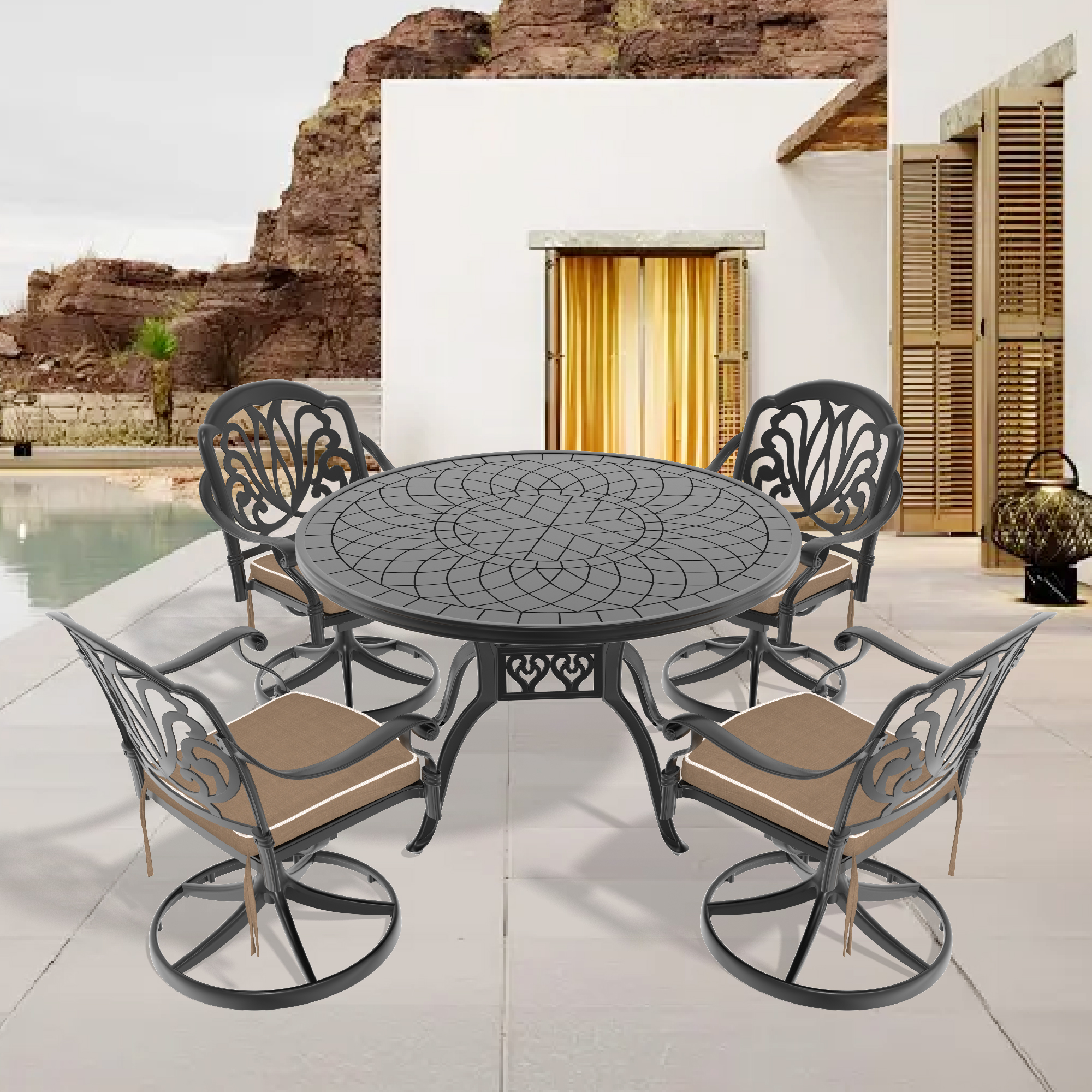 5-Piece All-Weather Cast Aluminum Dining Set, Include 4 Swivel Chairs and 47.24″ Round Table With Black Frame (same sku:W1710S00272)
