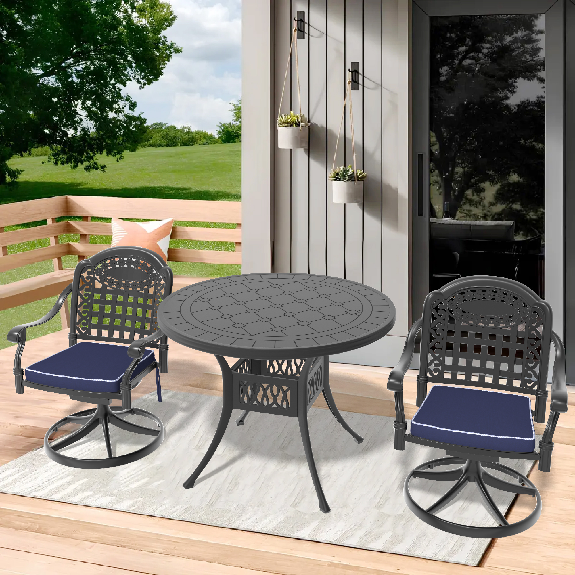 3-Piece All-Weather Cast Aluminum Dining Set, Include 2 Swivel Chairs and 39.37″ Round Table With Black Frame