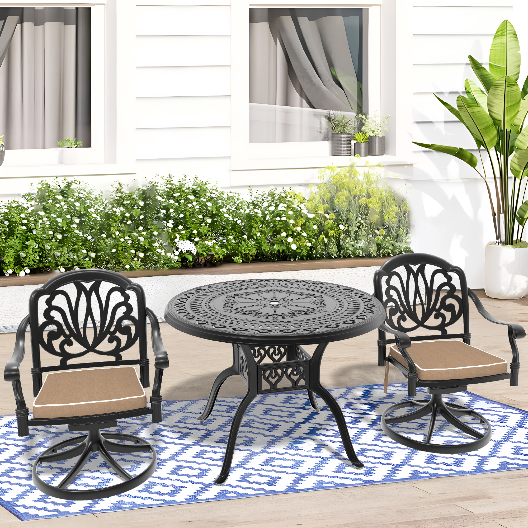 3-Piece All-Weather Cast Aluminum Dining Set, Include 2 Swivel Chairs and 39.37″ Round Table With Black Frame