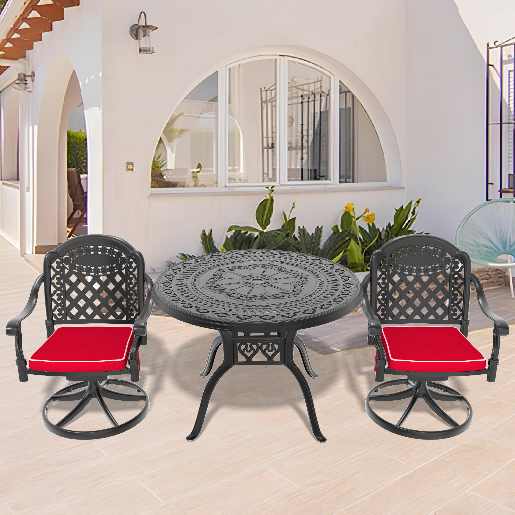 3-Piece All-Weather Cast Aluminum Dining Set, Include 2 Swivel Chairs and 39.37″ Round Table With Black Frame