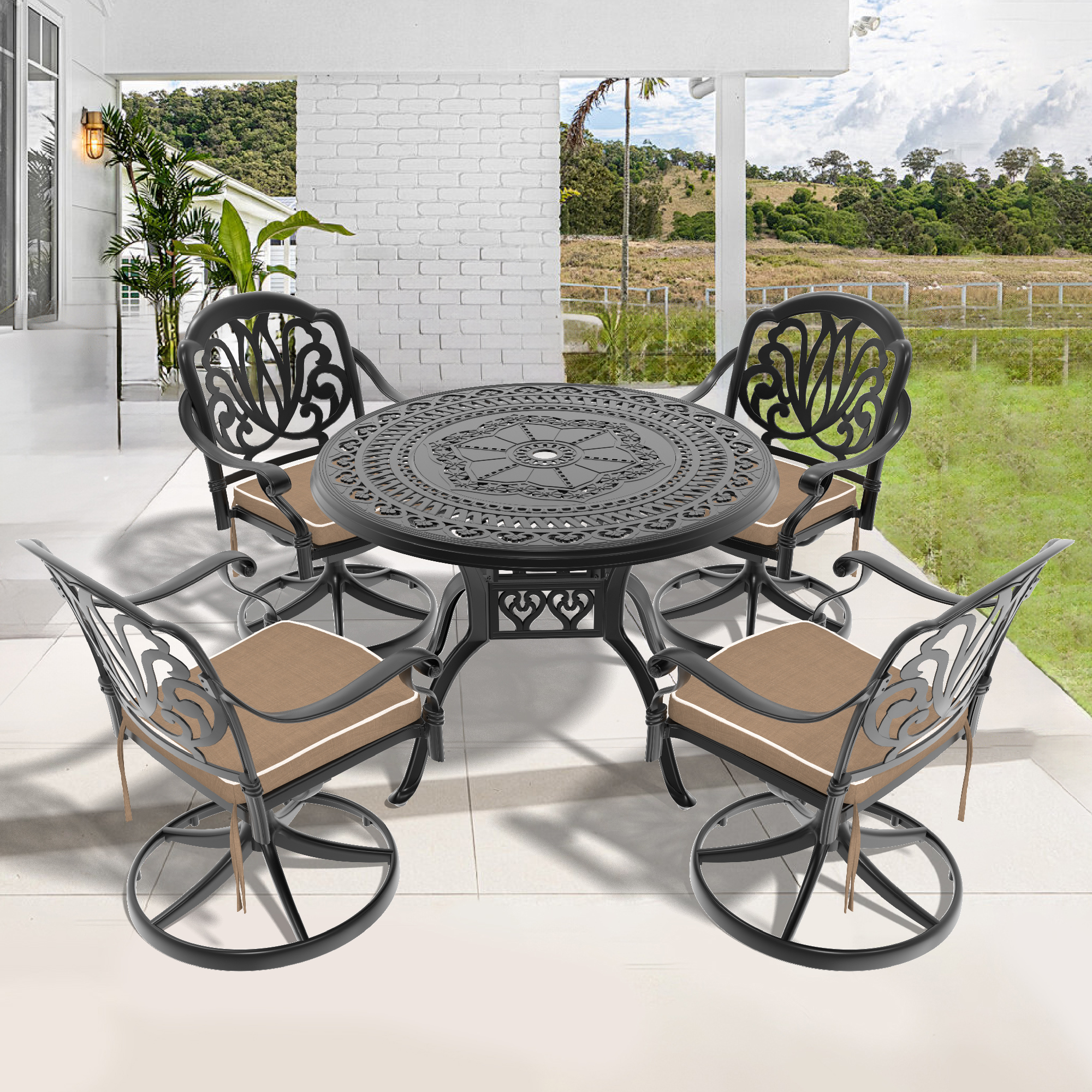5-Piece All-Weather Cast Aluminum Dining Set, Include 4 Swivel Chairs and 39.37″ Round Table With Black Frame (same sku: W1710S00435 )