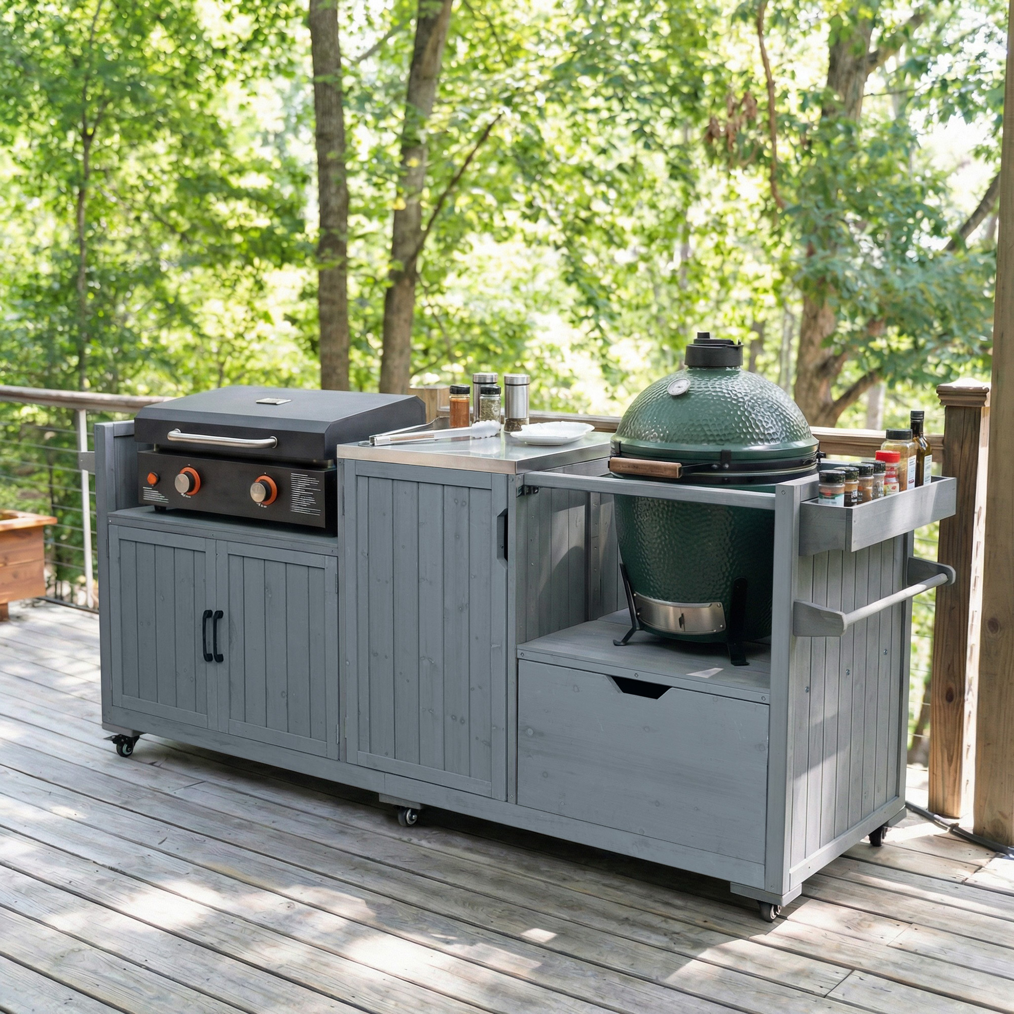 K&K 80.5″ Outdoor Kitchen Island for Big Green Egg& Blackstone Griddle, Solid Wood Grill Cart Table with Stainless Steel Top, Drawer for Large Big Green Egg and 21″/28″ Blackstone Griddle, Grey Blue