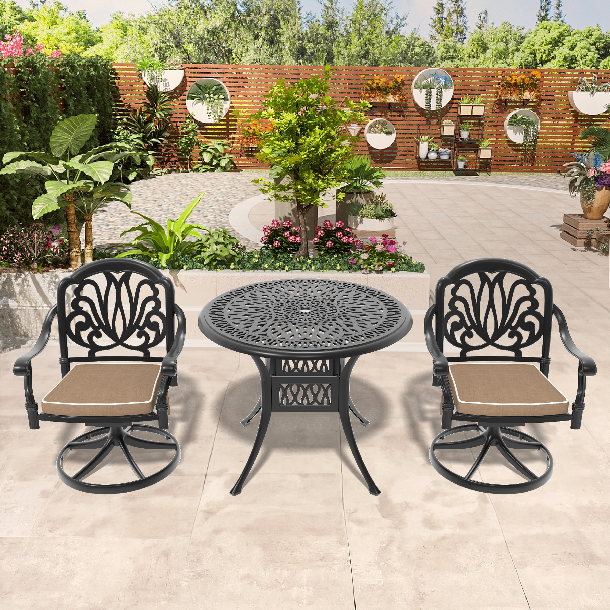 3-Piece All-Weather Cast Aluminum Dining Set, Include 2 Swivel Chairs and 35.43″ Round Table With Black Frame